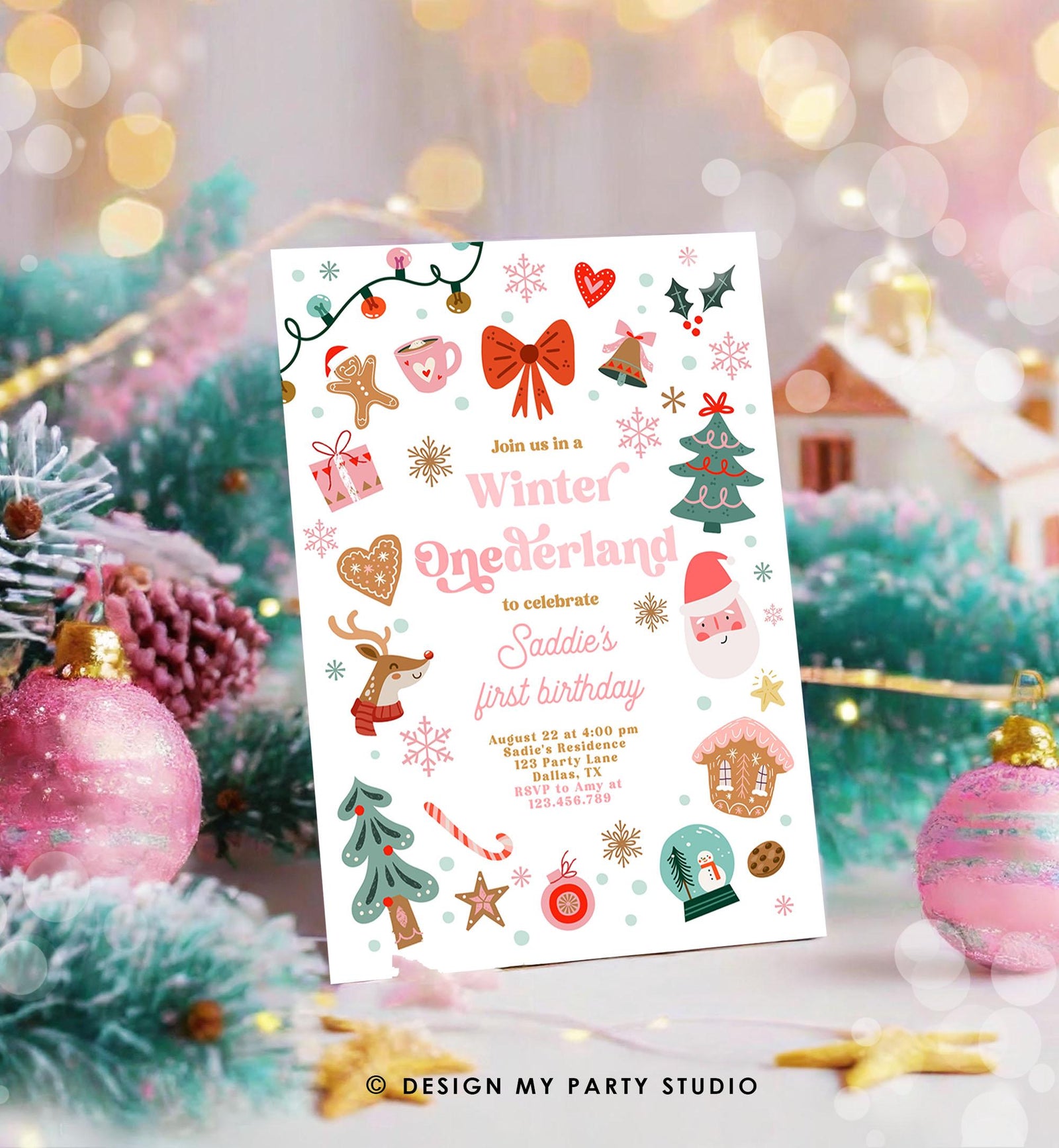 Editable Winter Onederland Birthday Invitation Christmas Birthday Red and Pink Girl 1st Birthday Evite Template Download Printable 0529