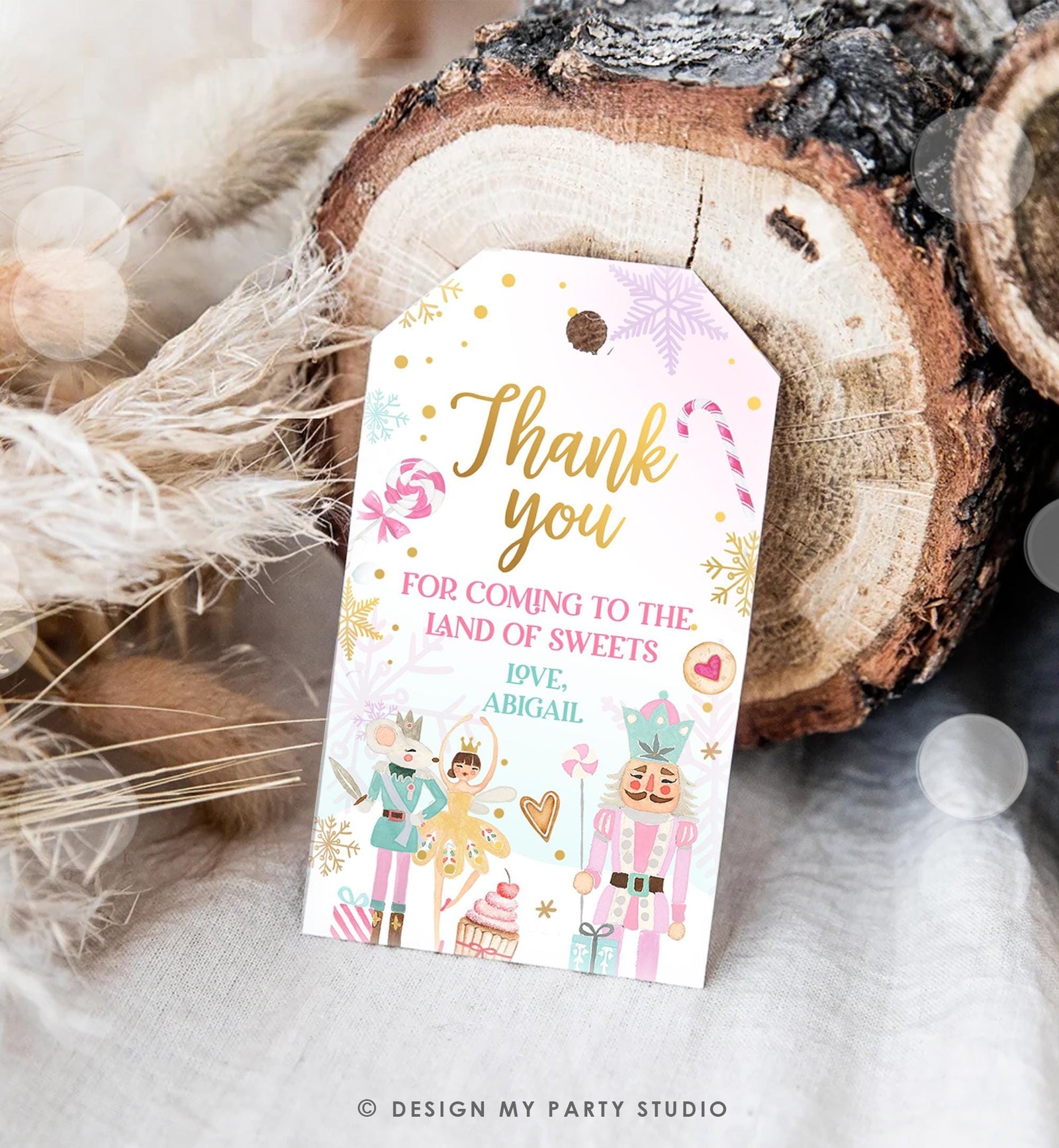 Editable Nutcracker Favor Tag Girl Birthday Land of Sweets Thank You Sugar Plum Fairy Christmas Winter Pink Digital Template Printable 0352