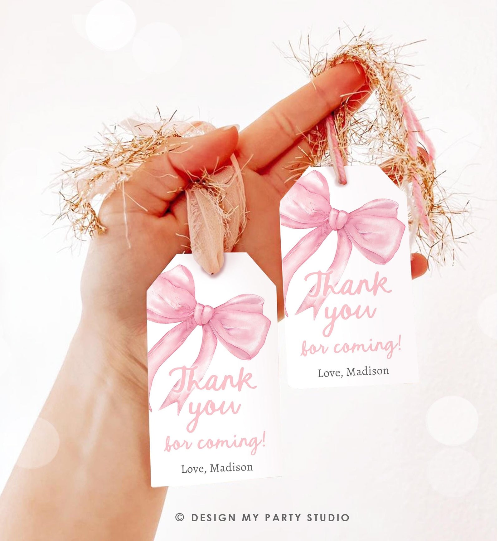 Editable Pink Bow Favor Tag Ribbon Birthday Baby Shower Thank You Gift Girl Preppy Coquette Watercolor Digital Template Printable 0527