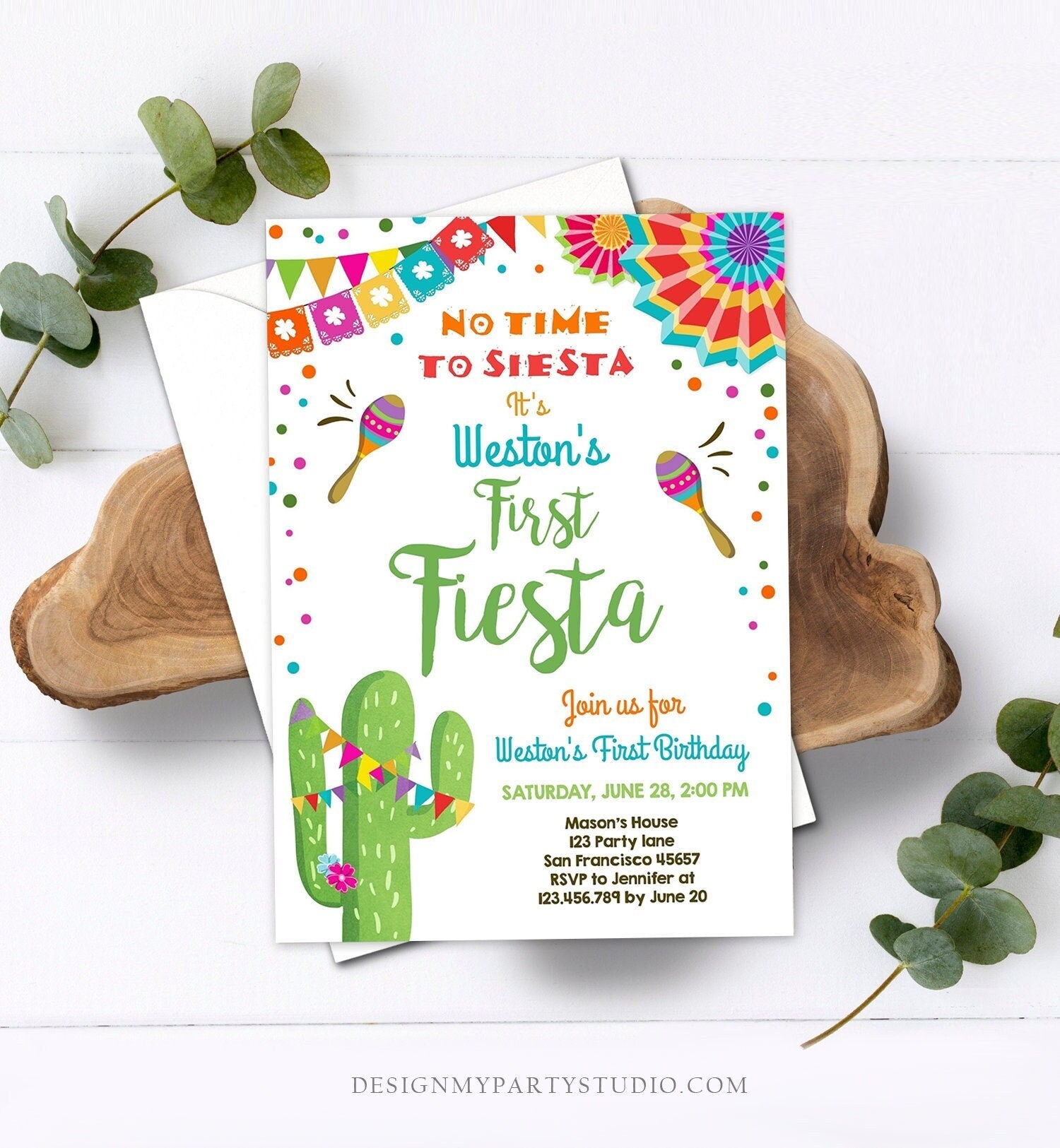 Editable First Fiesta Birthday Invitation Let's Fiesta No Time To Siesta Cactus Mexican Boy Cactus Download Corjl Template Printable 0045
