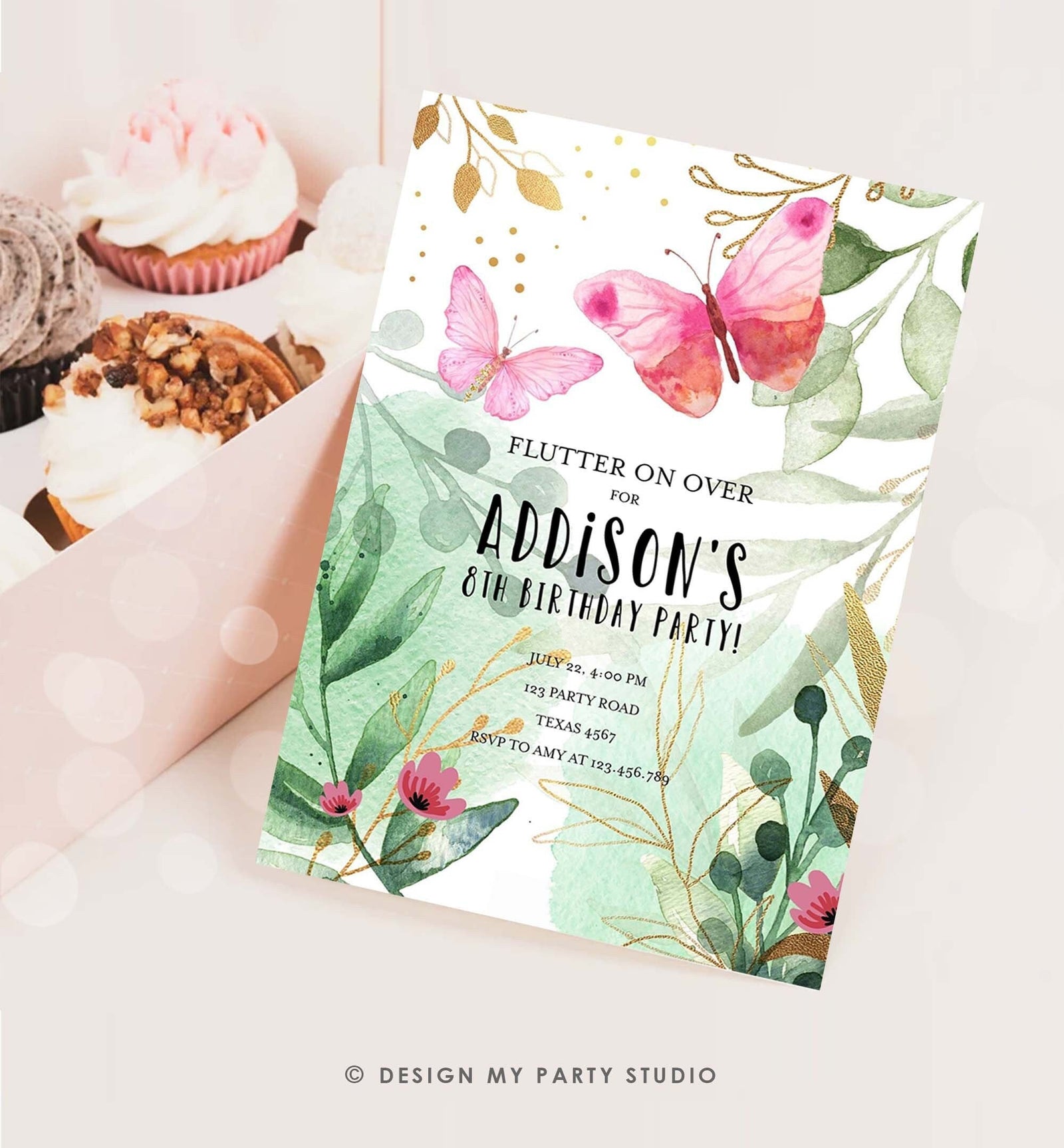Editable Butterfly Birthday Invitation Butterfly Invitation Garden Floral Flowers Pink Gold Girl Digital Download Template Printable 0170