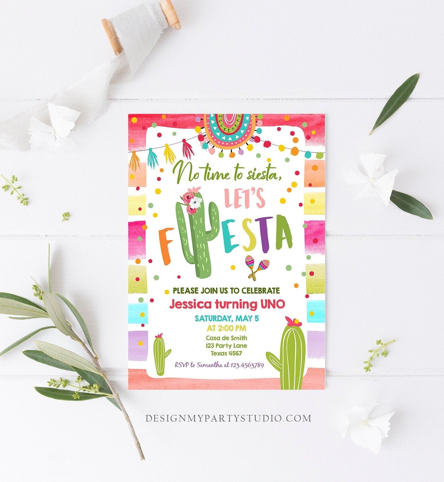 Editable Let's Fiesta Birthday Invitation Cactus Succulent First Birthday Party Girl 1st Mexican Uno Download Corjl Template Printable 0134