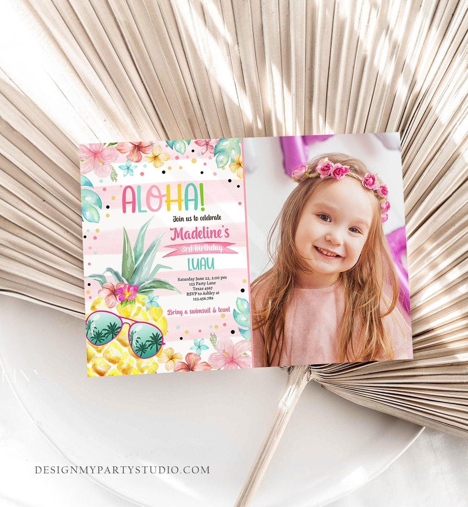 Editable Hawaiian Luau Birthday Invitation Pineapple Birthday Party Pool Party Pineapple Pink Girl Digital Download Template Printable 0391