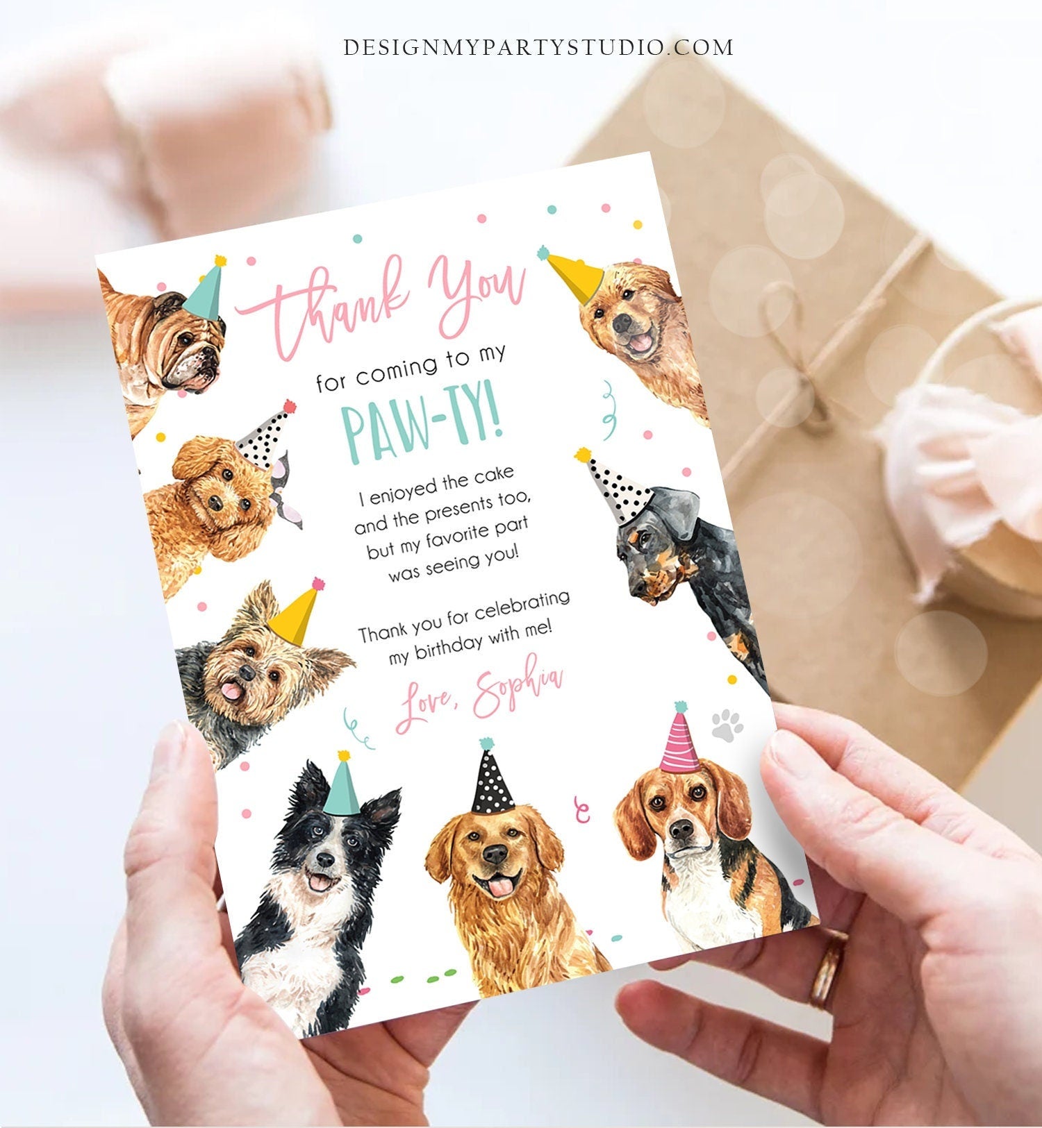 Editable Dog Birthday Thank You Card Puppy Birthday Invite Pink Girl Pawty Birthday Animal Pet Vet Digital Download Template Printable 0384