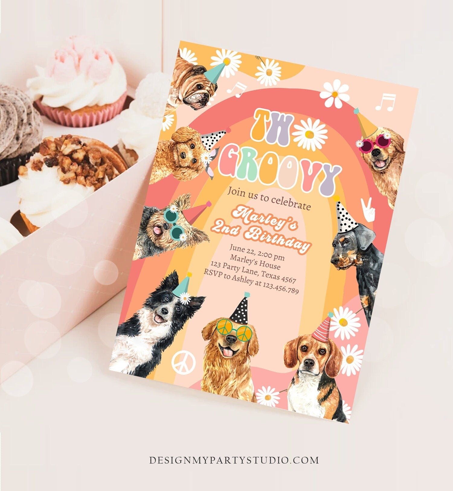Editable Two Groovy Dog Birthday Party Invitation Retro Puppy 2nd Birthday Girl Doggy Pawty Digital Download Evite Template Printable 0463