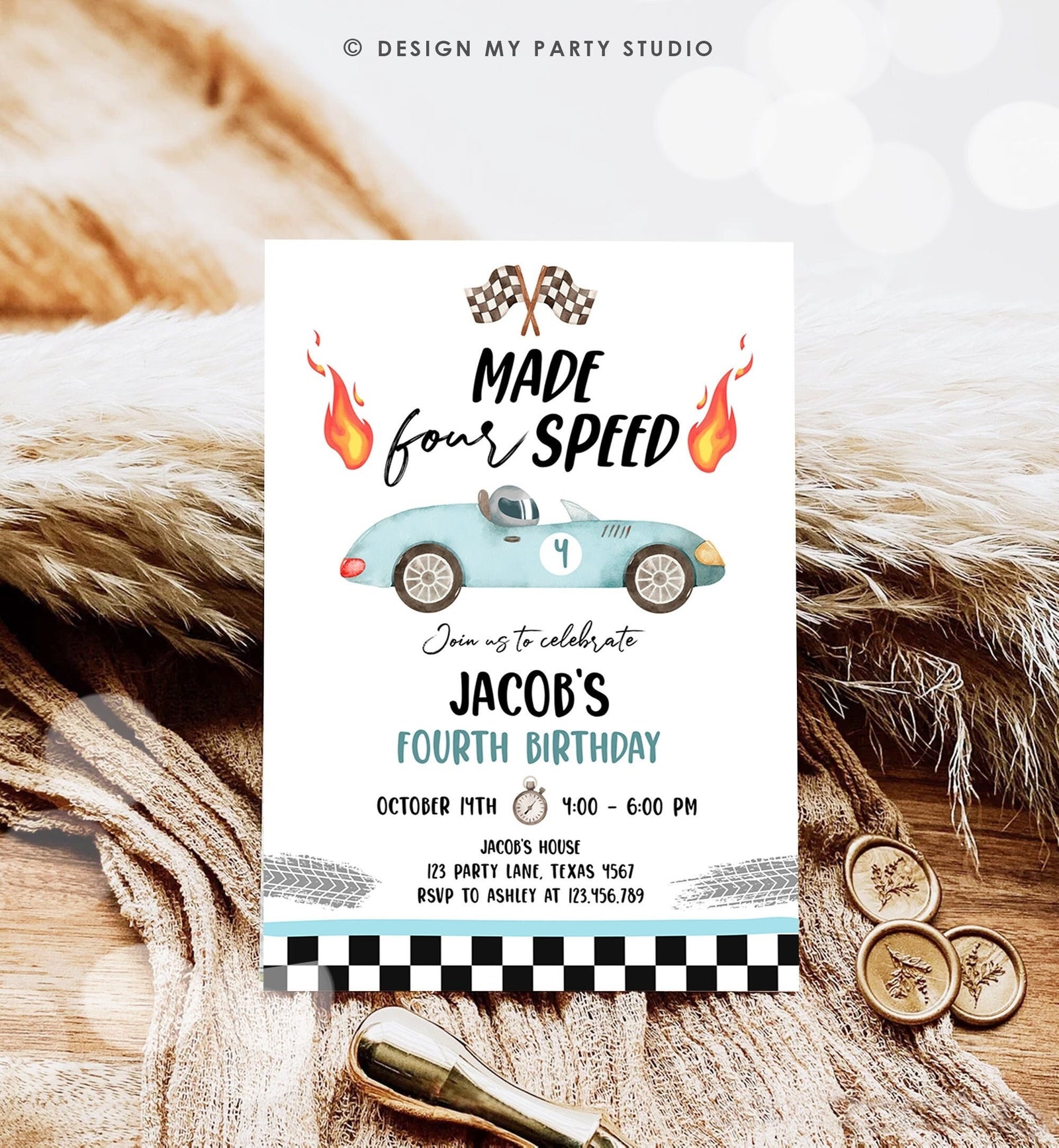 Editable Made Four Speed Race Car Fourth Birthday Invitation Boy Blue 4th Birthday Racing Party Made 4 Speed Digital Template Printable 0424