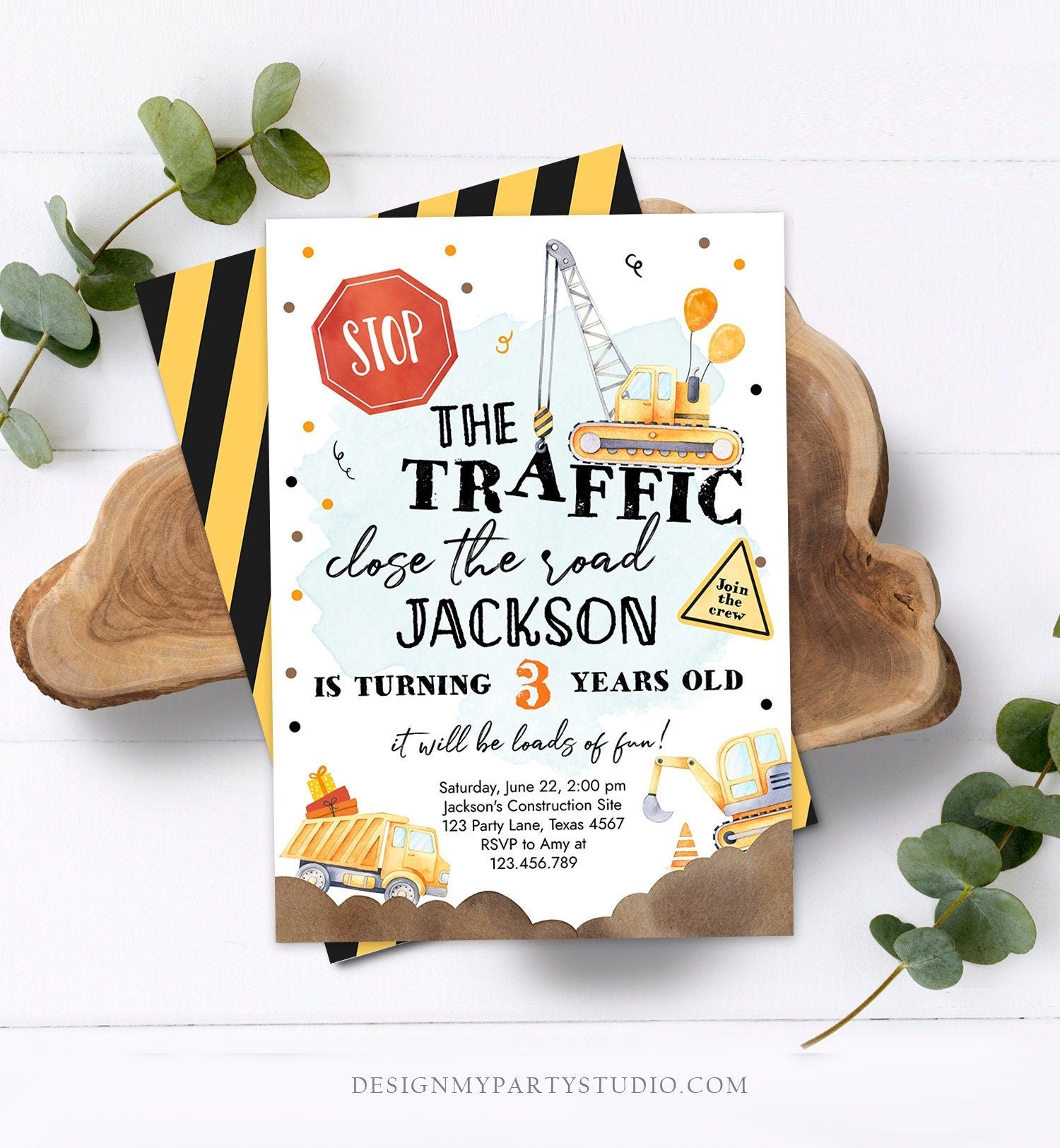 Editable Construction Birthday Invitation Yellow Dump Truck Excavator Caution Party Boy Digital Download Evite Template Printable 0374