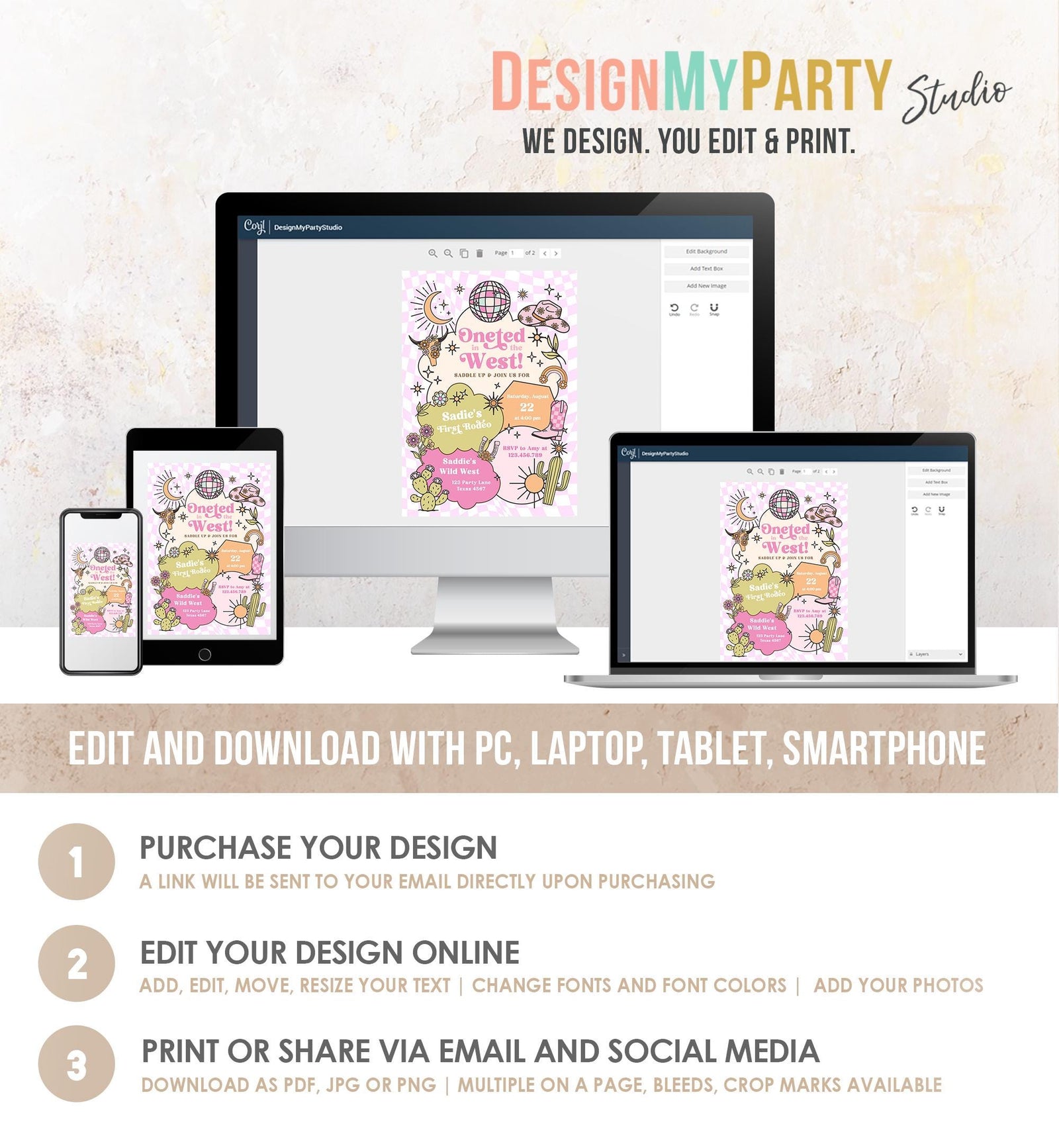 Editable One-ted In The West Cowgirl 1st Birthday Invitation Pink Disco Cowgirl Nashville Rodeo Space Digital Evite Template Printable 0519