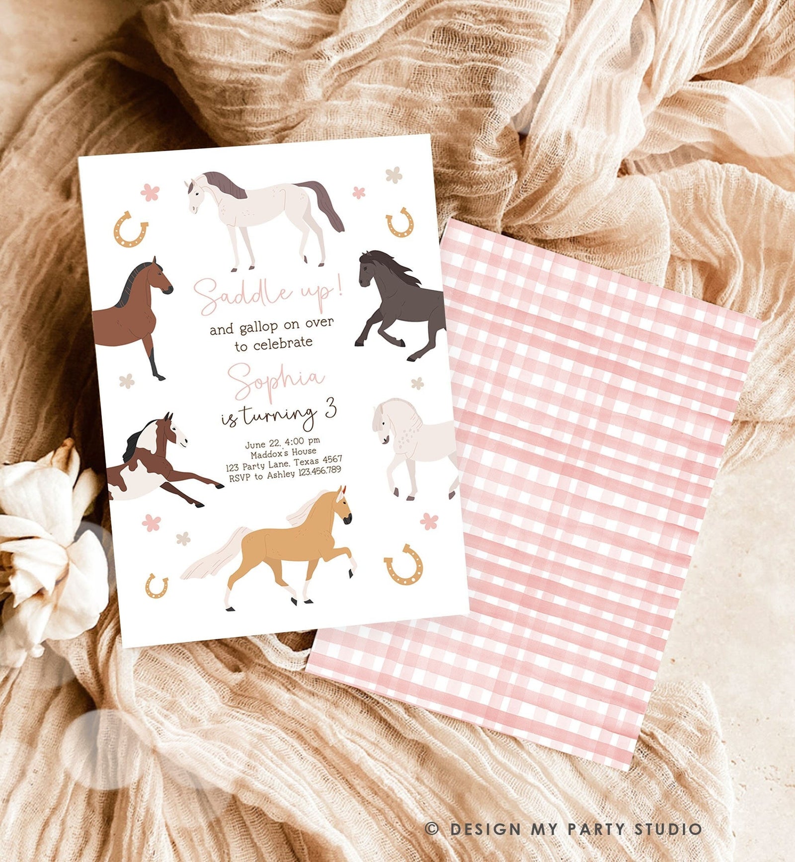 Editable Horse Birthday Invitation Girl Saddle Up Cowgirl Horse Party Horse Invite Pink Pony Floral Download Printable Template Evite 0513