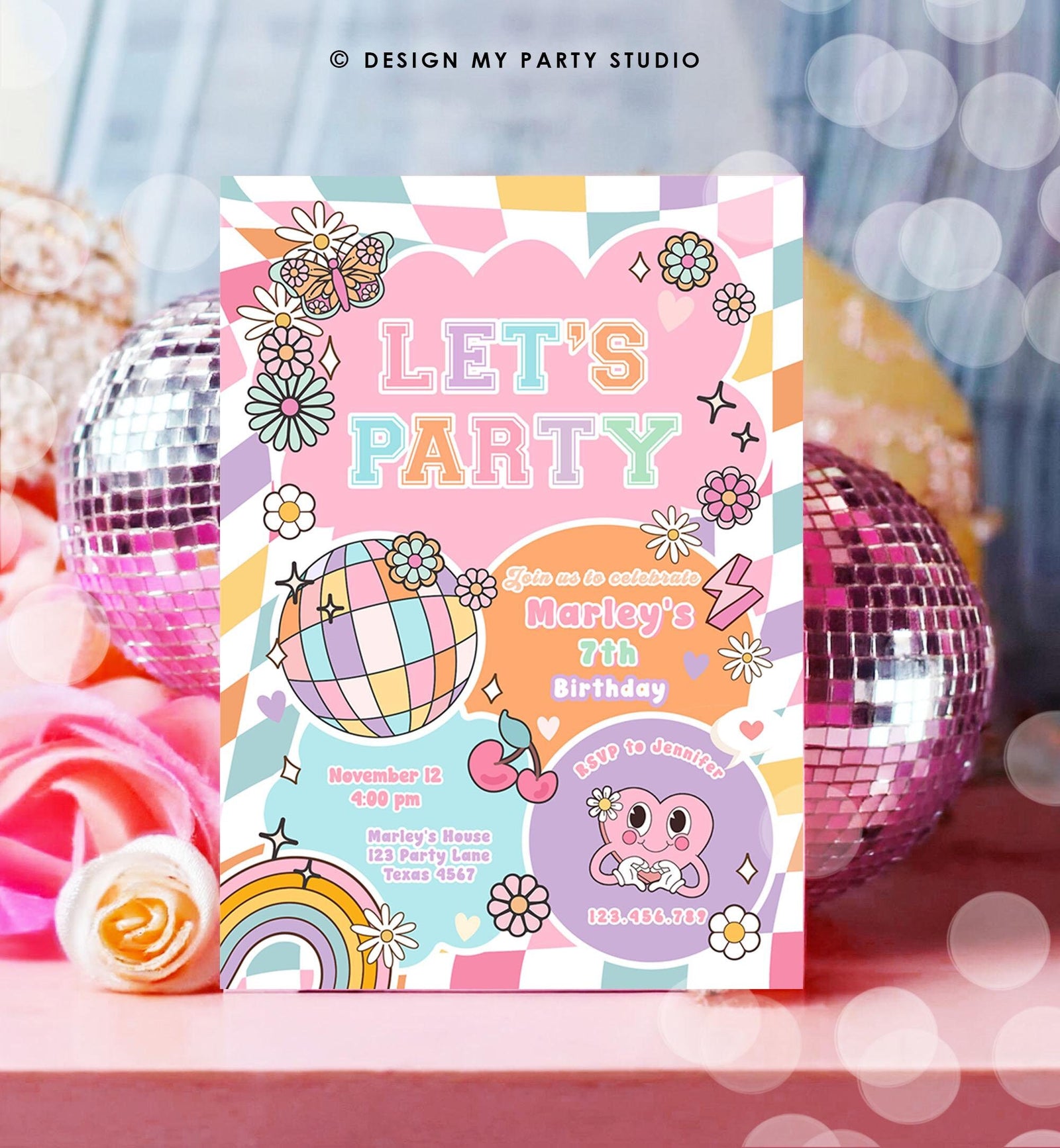 Editable Preppy Birthday Party Invitation Let's Party Birthday Varsity Fashion Tween Disco Teen Party Download Template Evite Digital 0524
