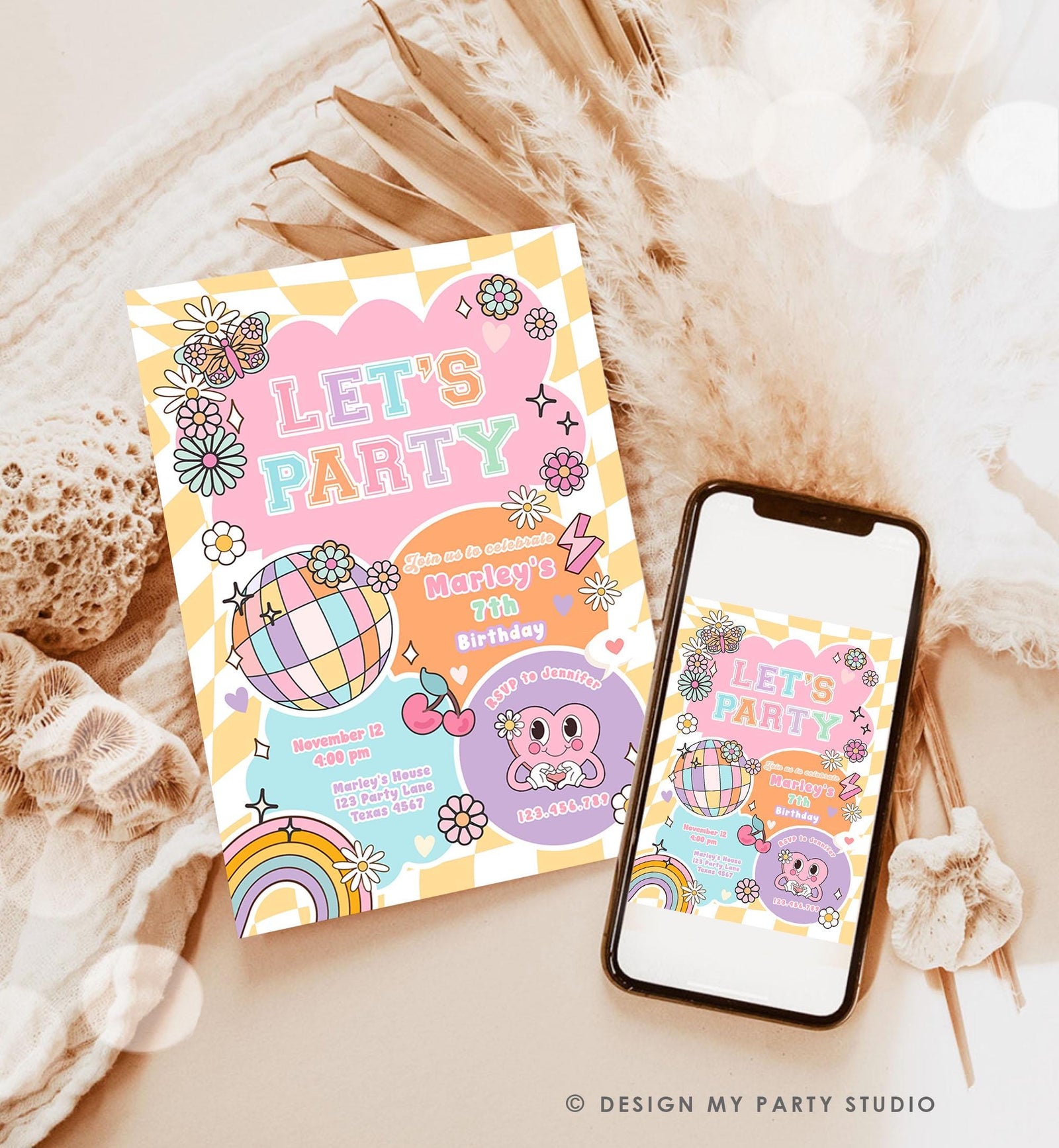 Editable Preppy Birthday Party Invitation Let's Party Birthday Varsity Fashion Tween Disco Teen Party Download Template Evite Digital 0524