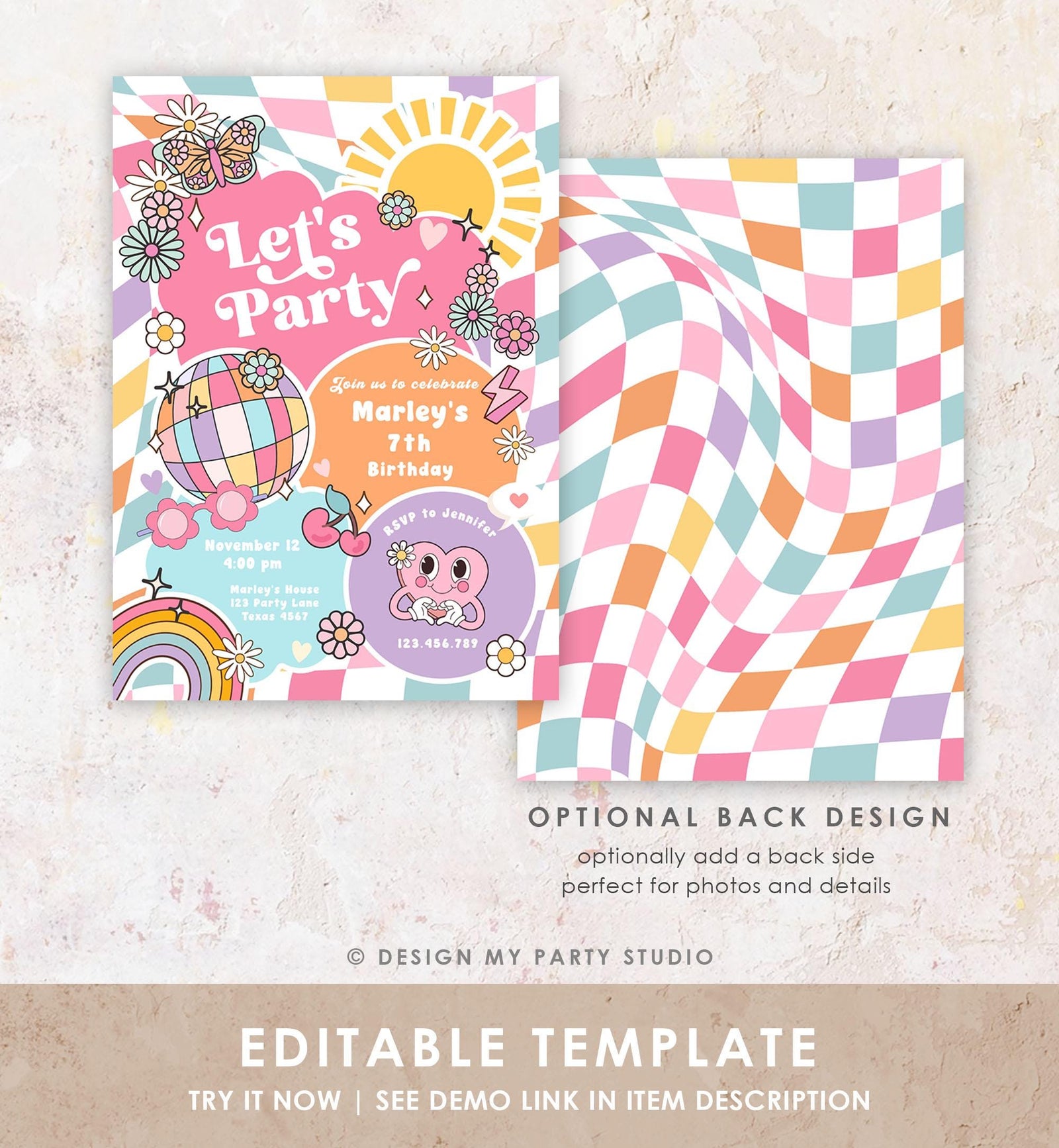 Editable Groovy Birthday Party Invitation Let's Party Birthday Hippie Retro Sunshine Preppy Varsity Download Template Evite Digital 0524