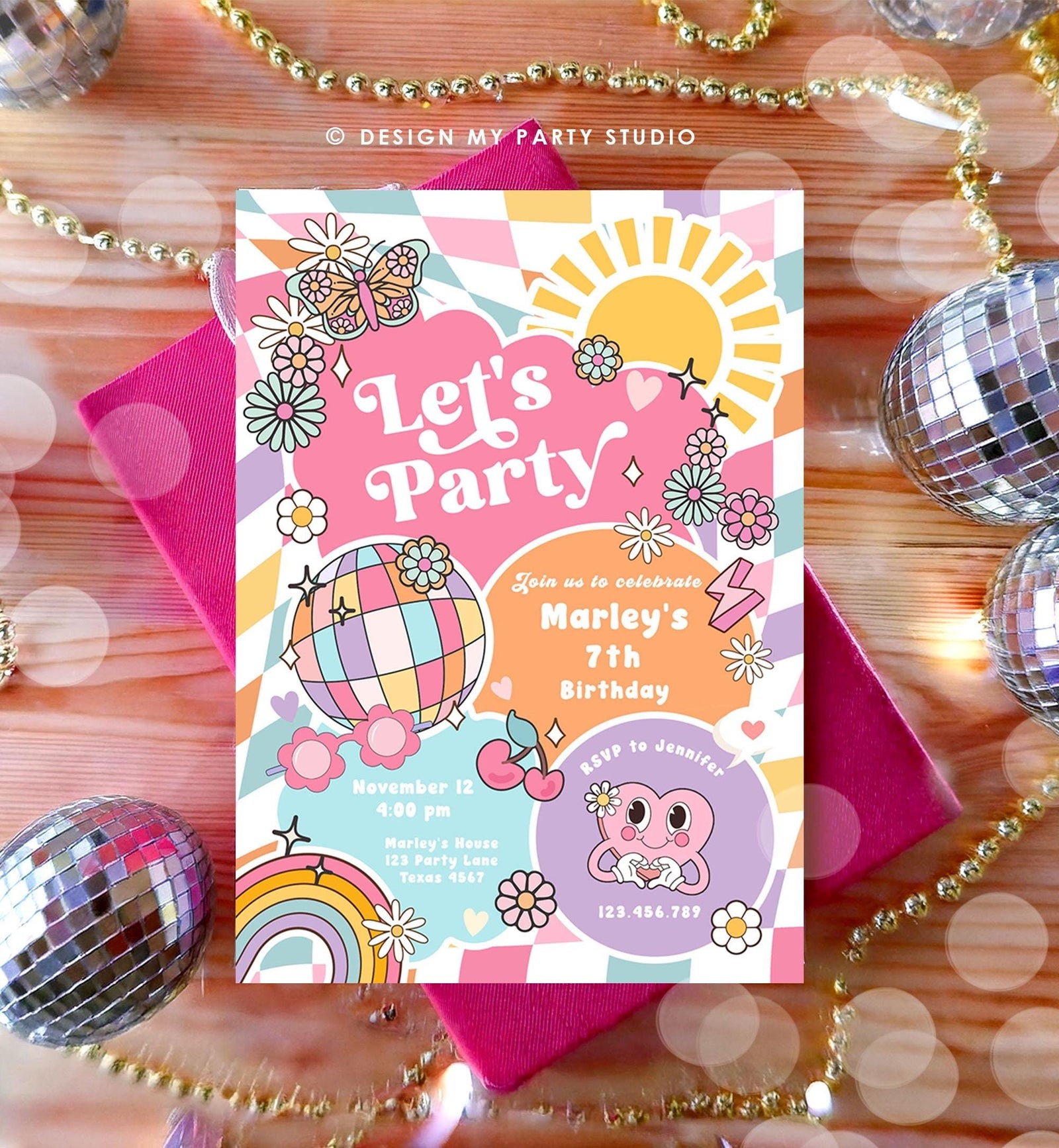 Editable Groovy Birthday Party Invitation Let's Party Birthday Hippie Retro Sunshine Preppy Varsity Download Template Evite Digital 0524