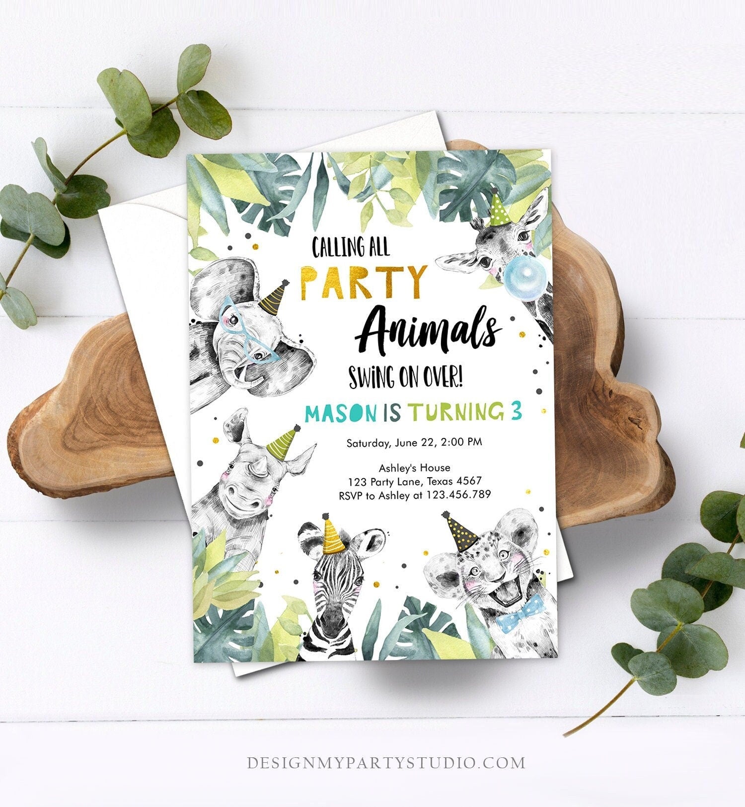 Editable Party Animals Birthday Invitation Wild One Safari Animals Boy Gold Black Zoo Monochrome Digital Download Template Printable 0322
