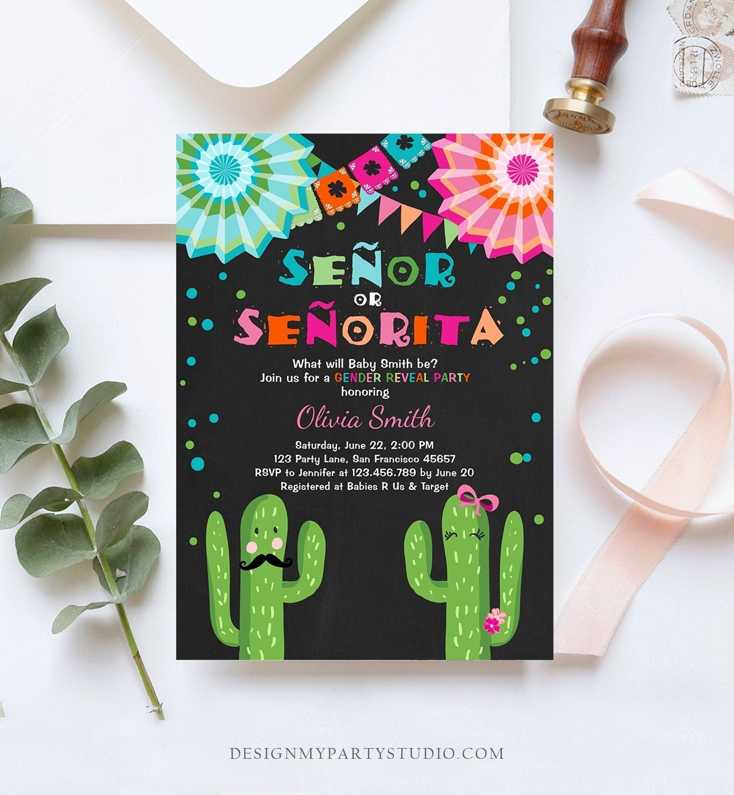 Editable Señor Or Señorita Gender Reveal Invitation Fiesta Boy Girl Cactus Mexican Senor Senorita Blue Pink Digital Template Printable 0045