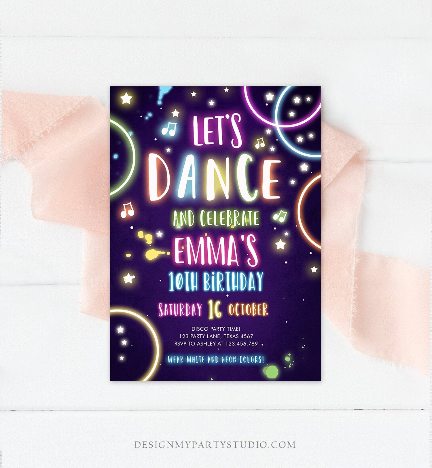 Editable Dance Party Birthday Invitation Disco Music Let's Dance Neon Glow In The Dark Party Girl Teen Pink Digital Template Printable 0172