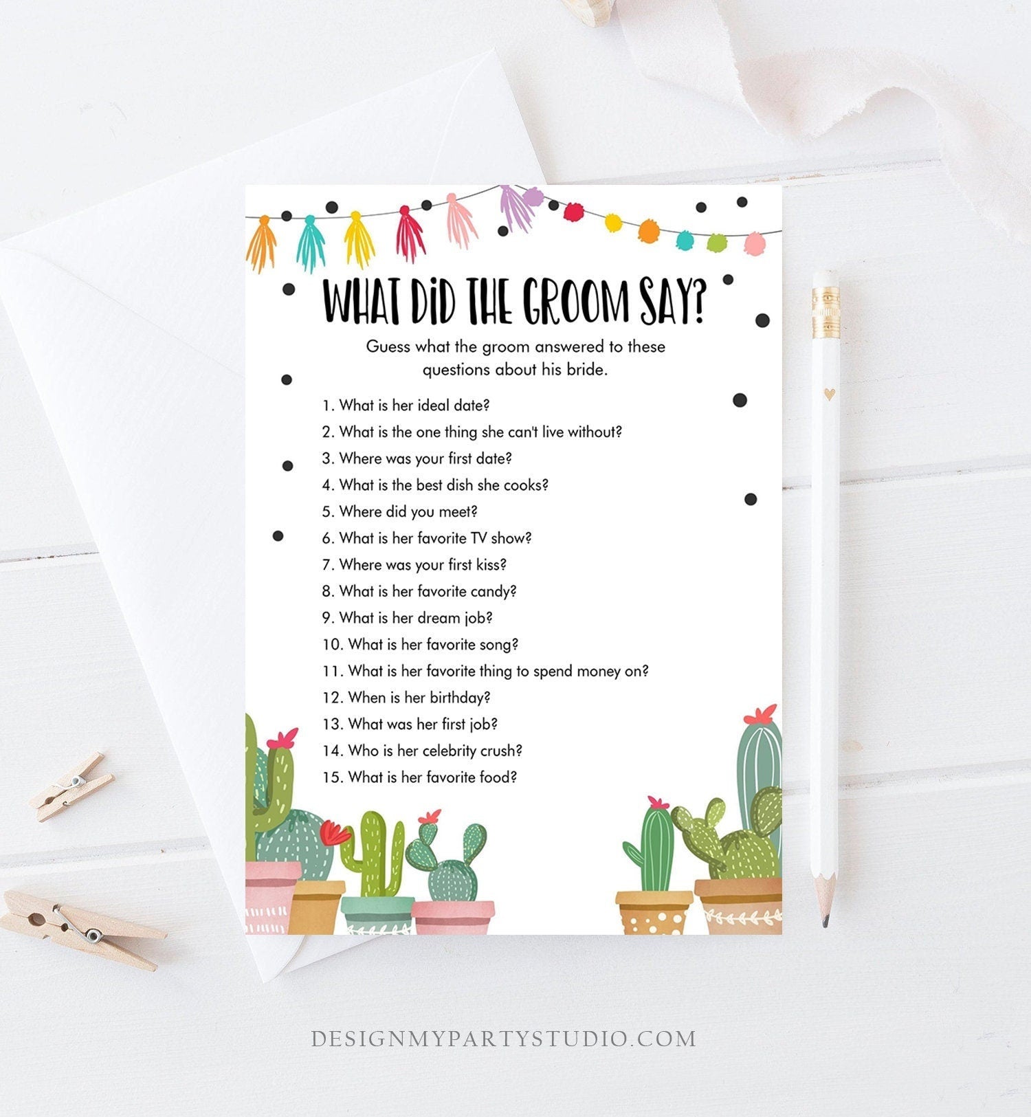 Editable What Did The Groom Say About His Bride Bridal Shower Game Cactus Fiesta Mexican Coed Activity Digital Template Printable 0254