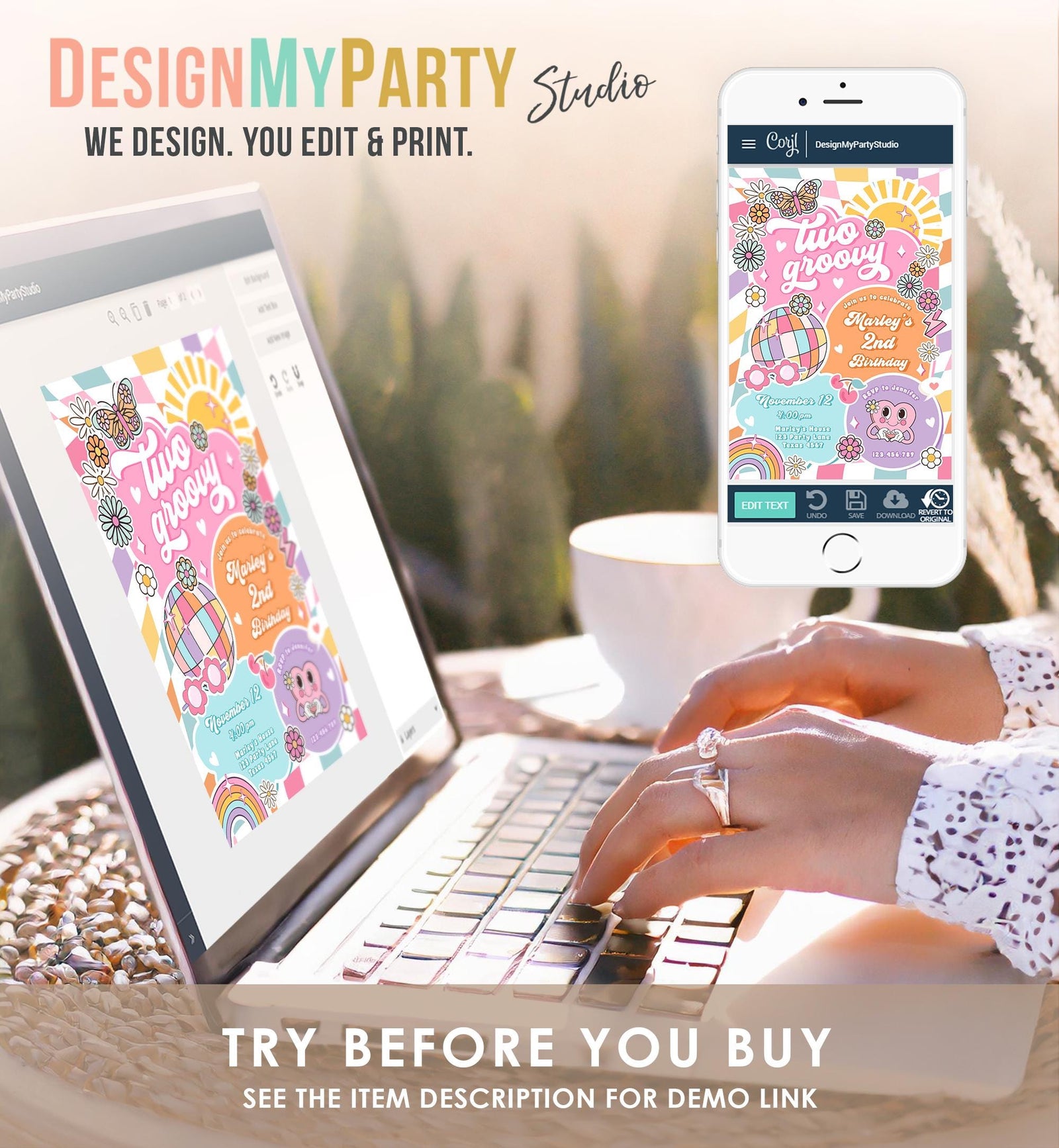 Editable Two Groovy 2nd Birthday Party Invitation Retro Hippie Peace Sunshine Preppy Varsity Disco Digital Evite Template Printable 0524