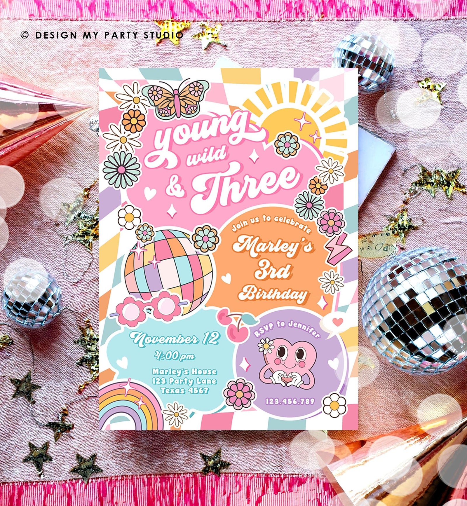 Editable Young Wild and Three 3rd Birthday Party Invitation Groovy Hippie Peace Preppy Varsity Disco Digital Evite Template Printable 0524