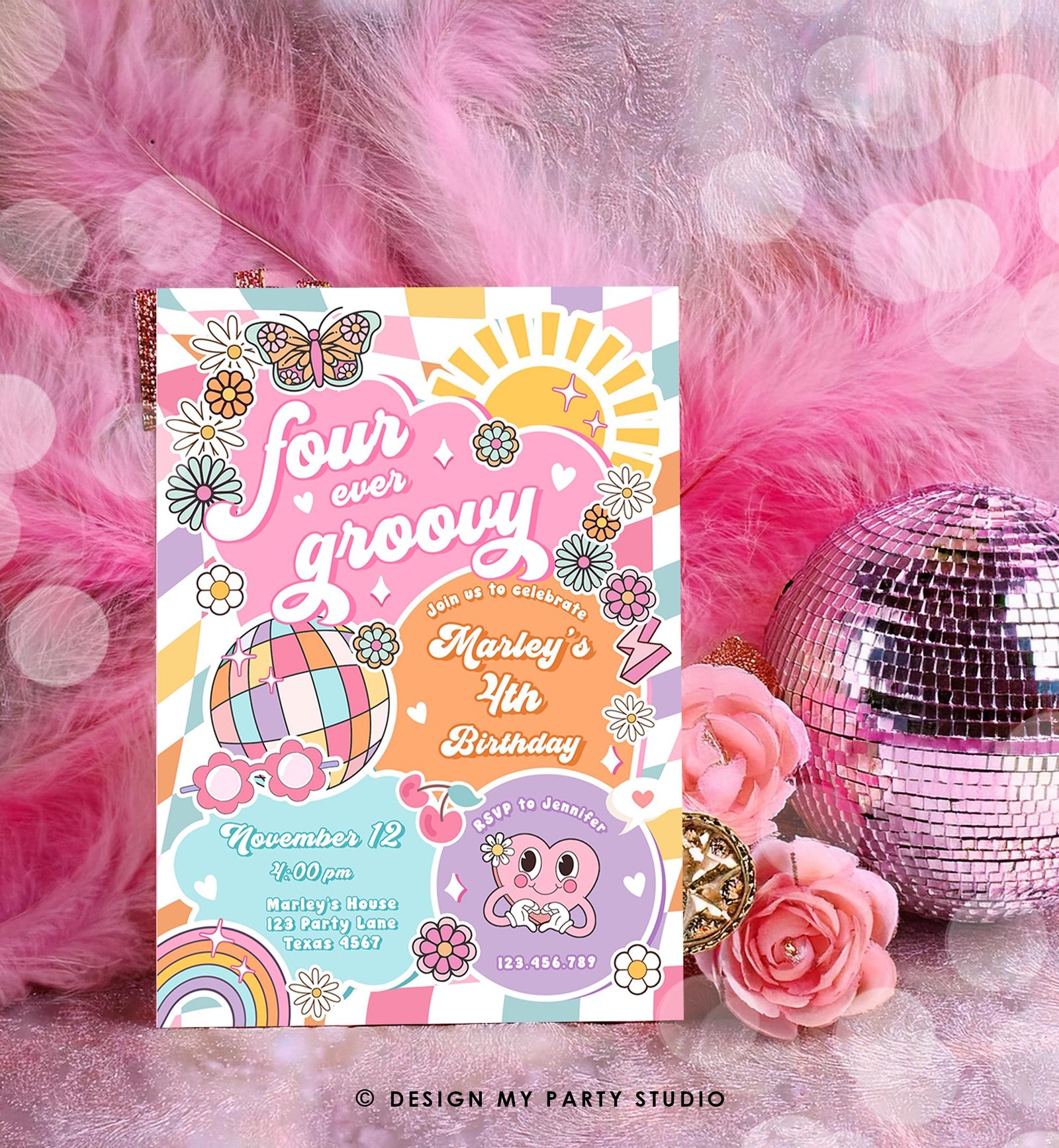 Editable Four Ever Groovy 4th Birthday Party Invitation Groovy Hippie Peace Preppy Varsity Disco Digital Evite Template Printable 0524