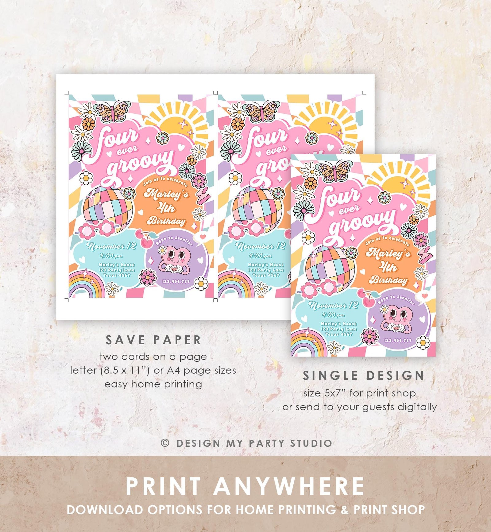 Editable Four Ever Groovy 4th Birthday Party Invitation Groovy Hippie Peace Preppy Varsity Disco Digital Evite Template Printable 0524