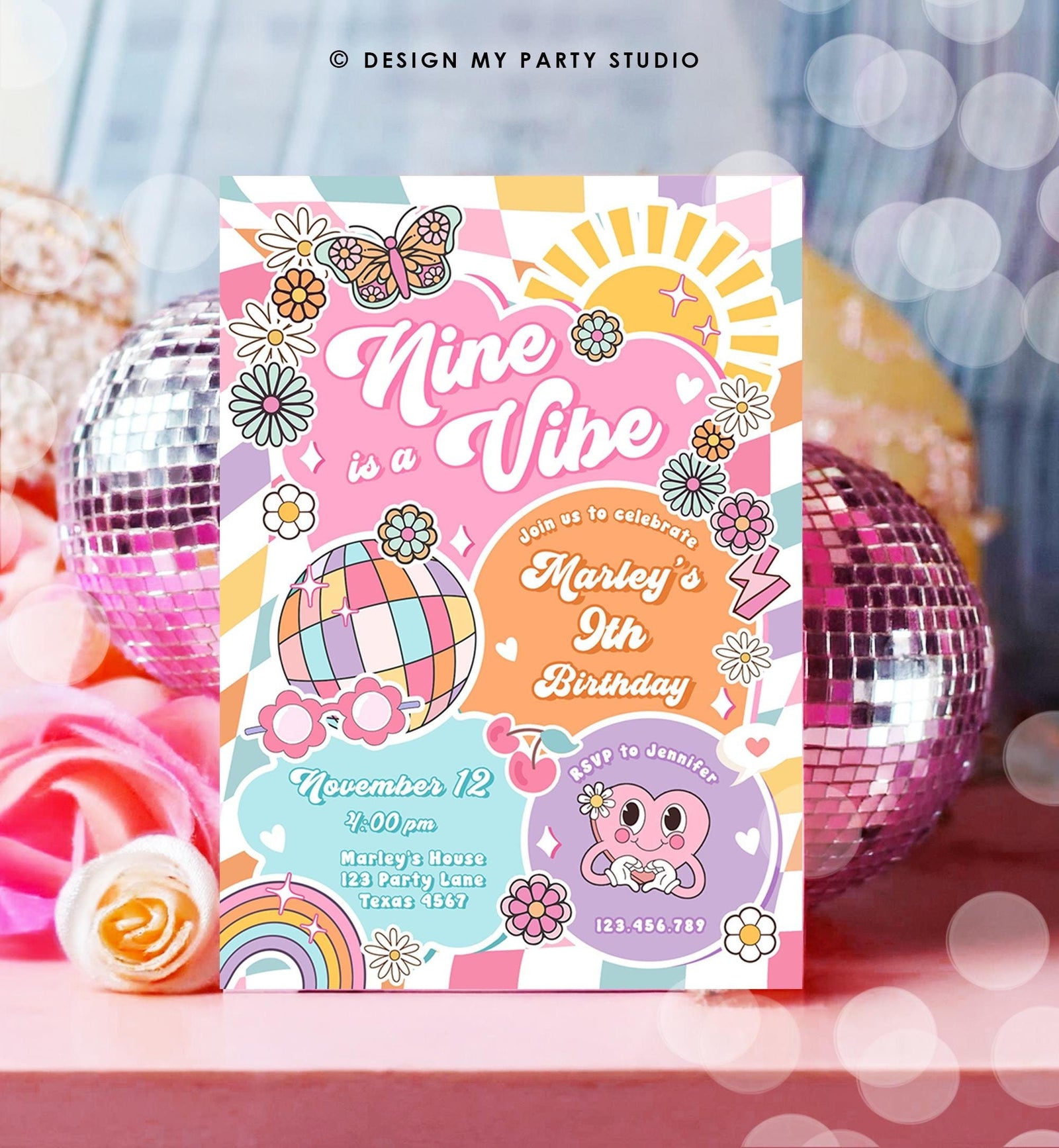 Editable Nine is a Vibe Groovy 9th Birthday Party Invitation Groovy Hippie Peace Preppy Varsity Disco Digital Evite Template Printable 0524