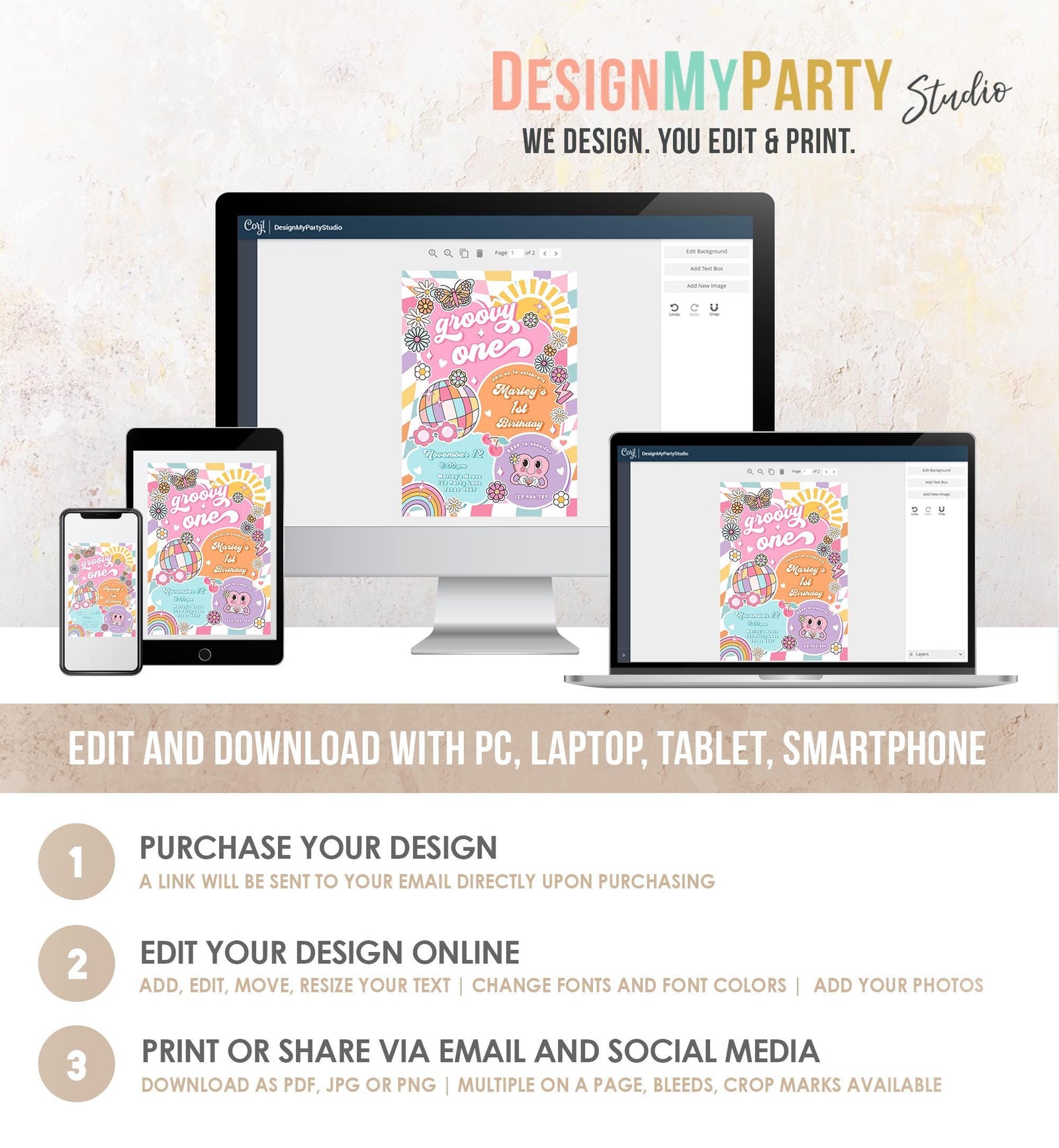 Editable Groovy One Girl 1st Birthday Party Invitation Groovy Hippie Peace Preppy Varsity Disco Digital Template Printable 0524