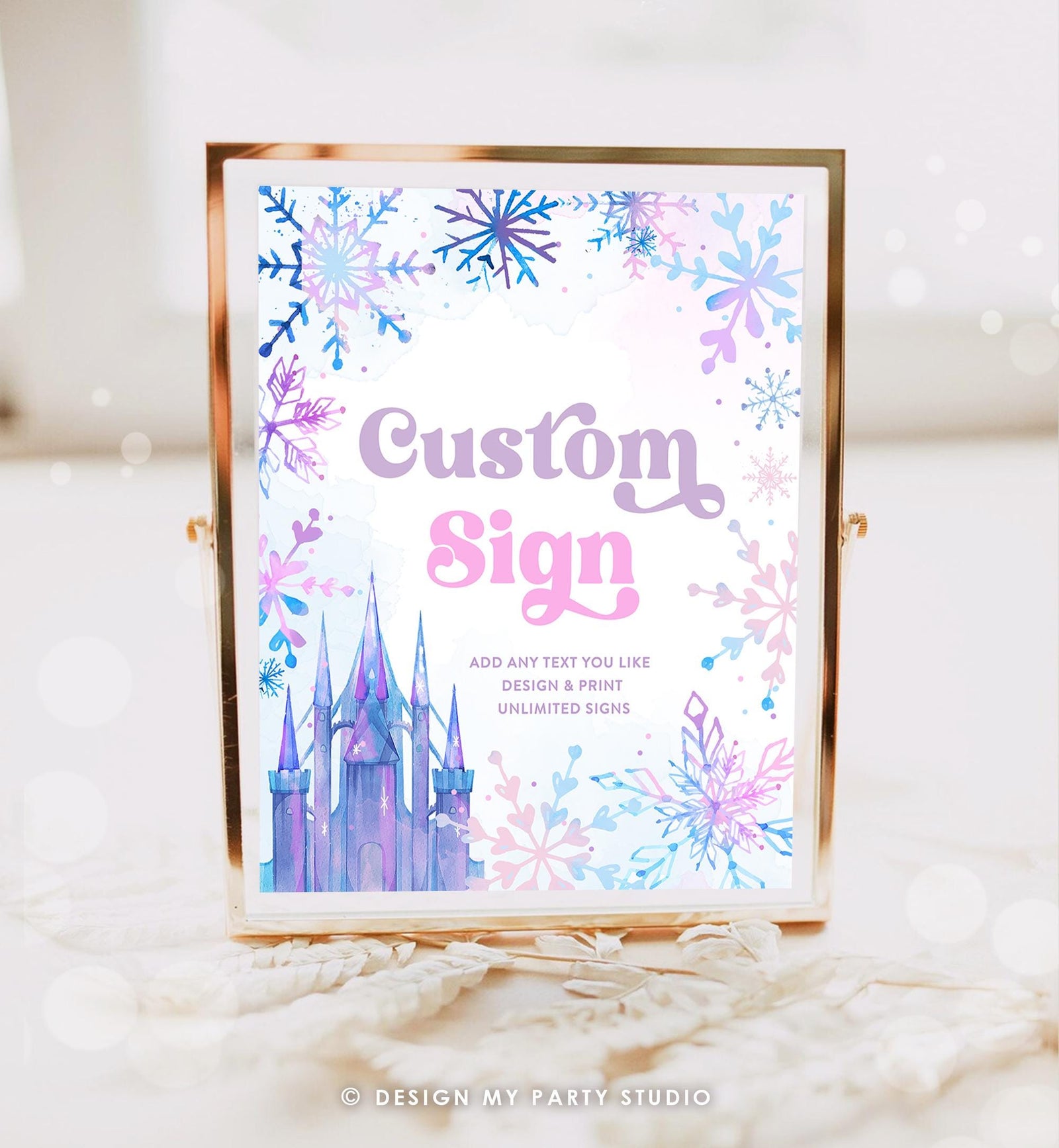 Editable Custom Sign Winter Onederland Wonderland First Birthday Girl Pink Purple Snowflake Princess Castle Decor Digital Printable 0518