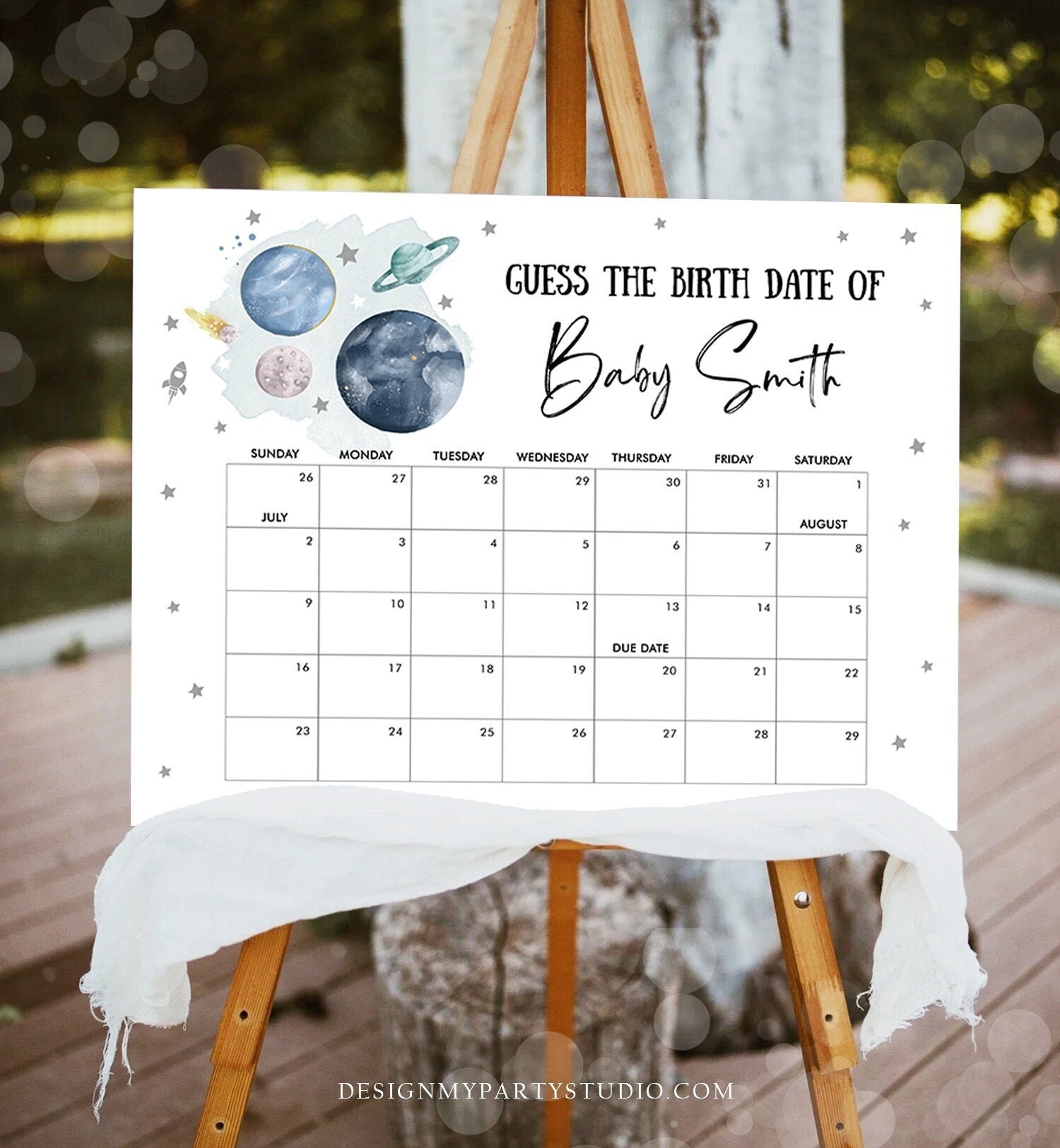Editable Guess the Birth Date Baby Shower Game Guess Birthday Outer Space Astronaut Planets Galaxy Silver Digital Template Printable 0357