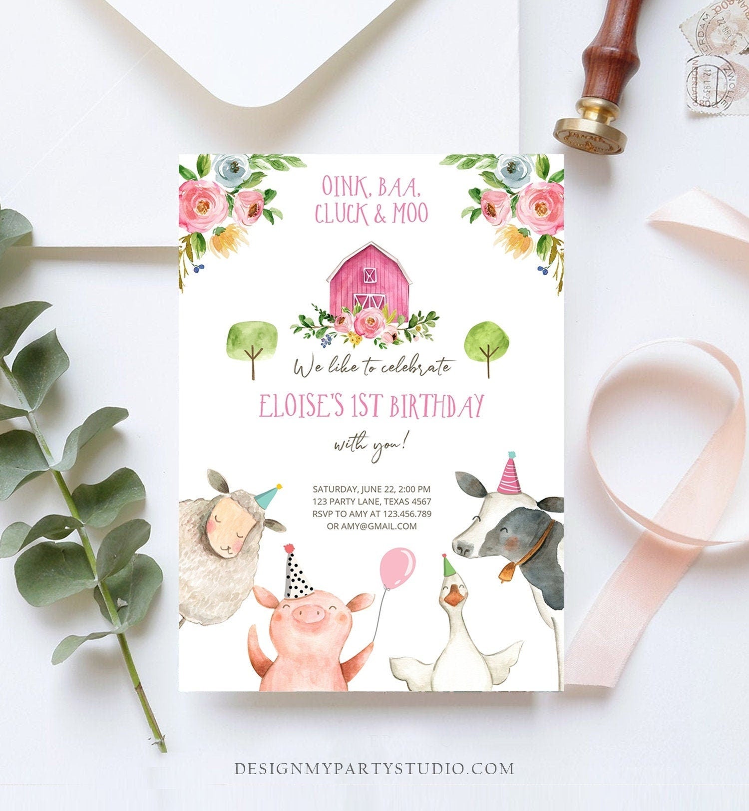 Editable Farm Animals Birthday Invitation Girl Party Animals Pink Floral Barnyard Party Digital Download Evite Template Printable 0155