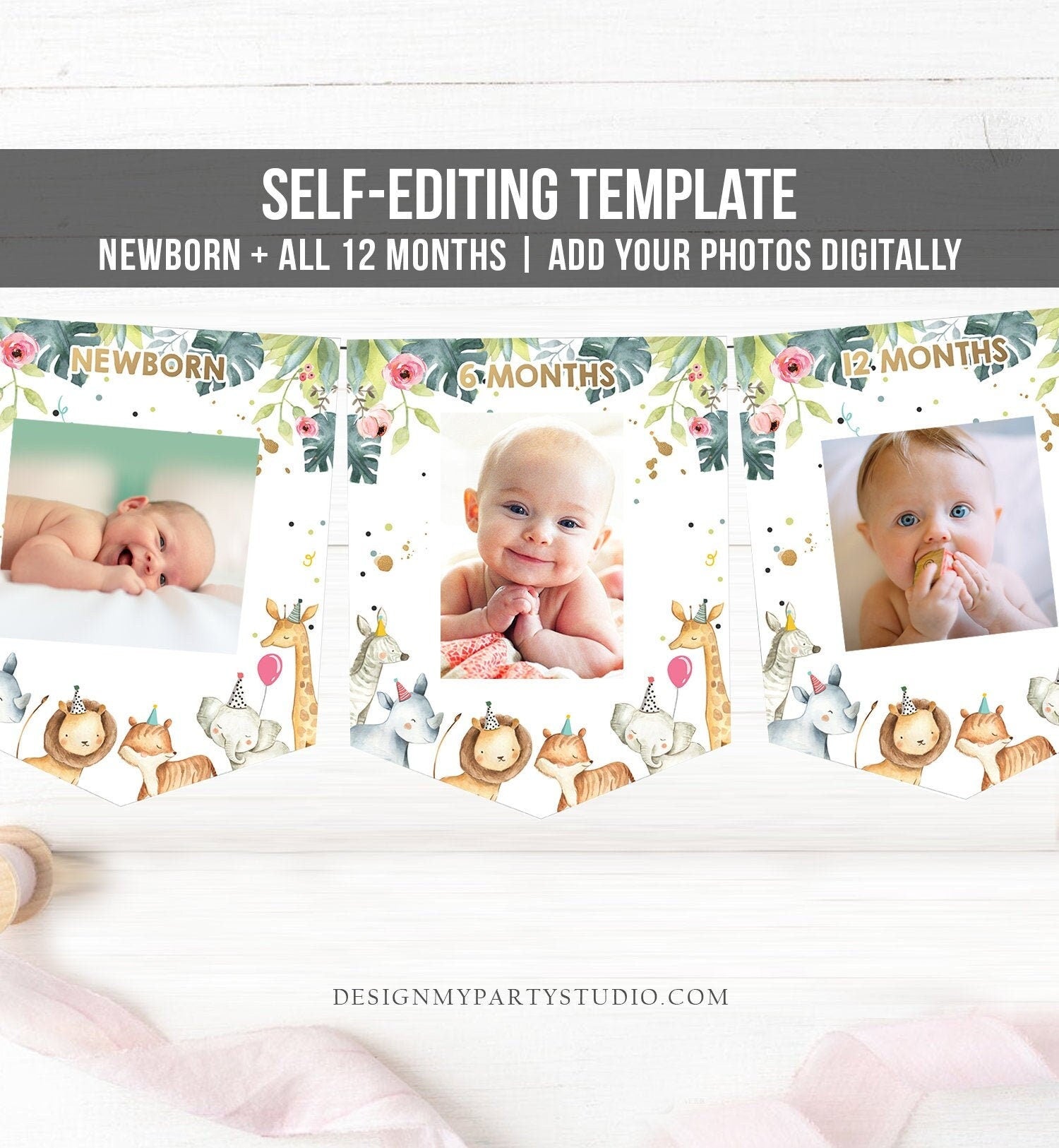 Editable Safari Animals Monthly First Birthday Banner Photo Banner Gold Pink Girl Balloon Hats Wild One Digital Template Printable 0163