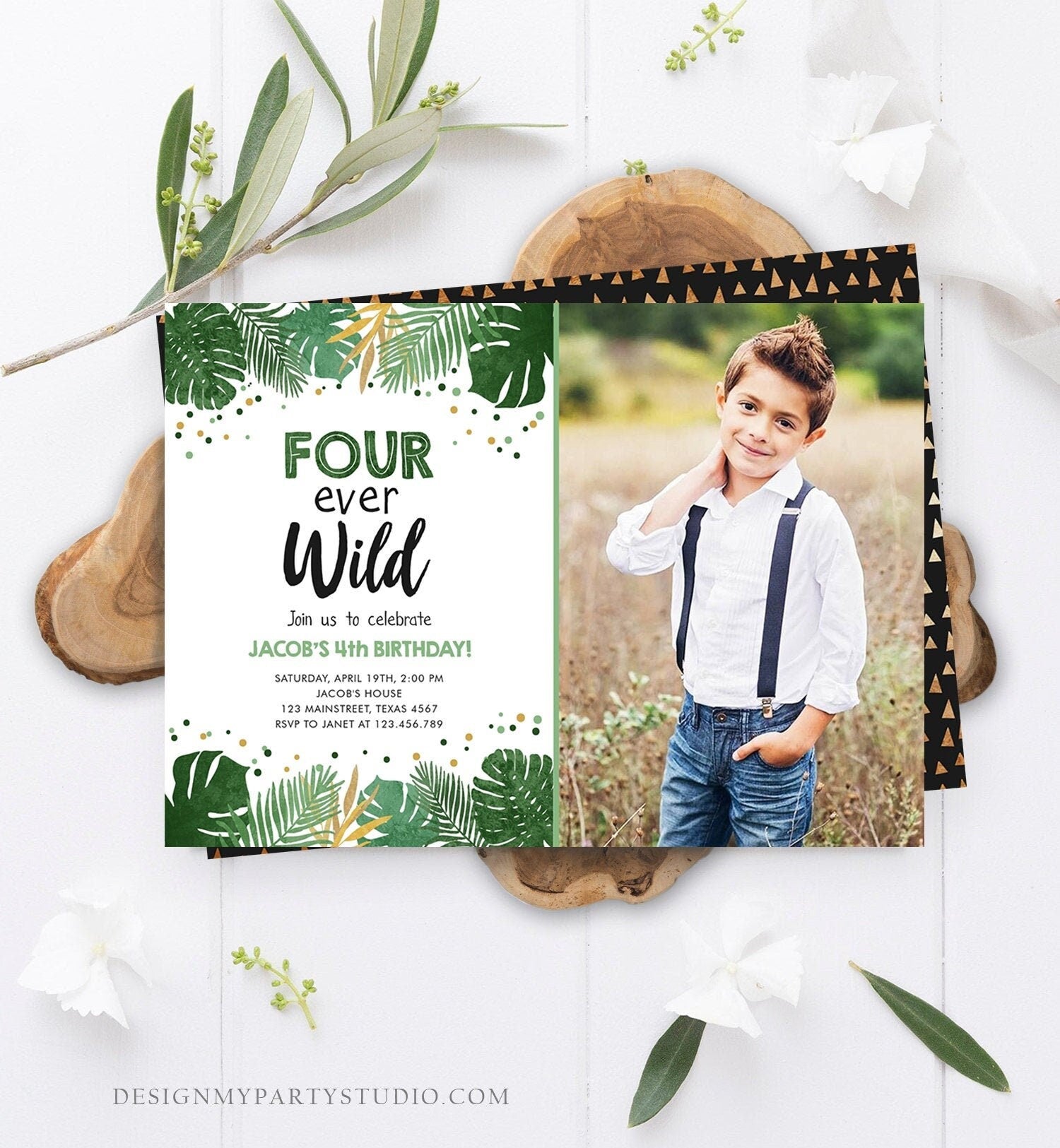 Editable Fourever Wild Birthday Invitation Tropical Safari Zoo Jungle Party Gold Boy Fourth Birthday 4th Digital Template Printable 0332