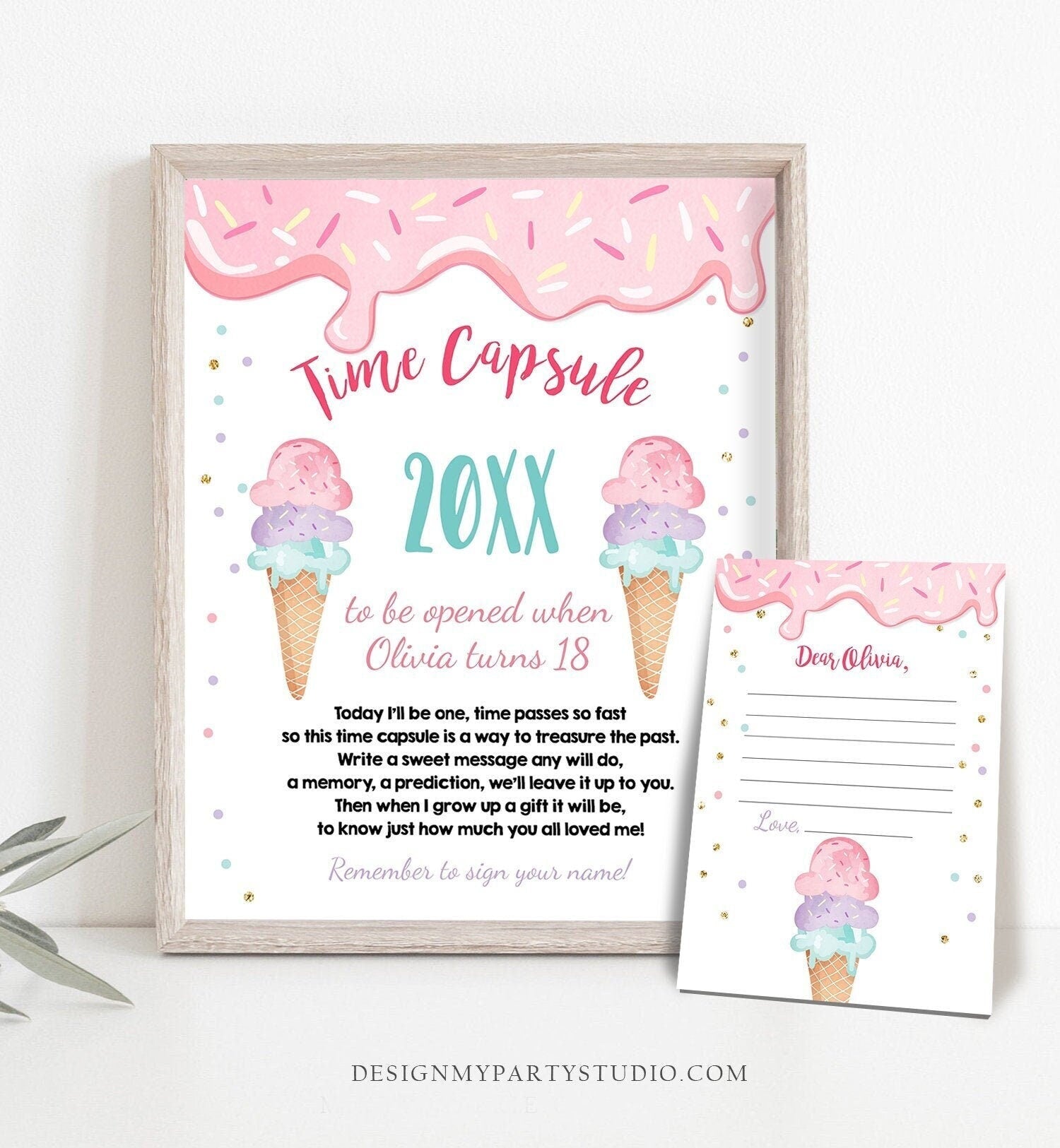 Editable Ice Cream Time Capsule First Birthday Party Ice Cream Birthday Summer Party Decor Scoop Cone Girl Digital Template Printable 0243