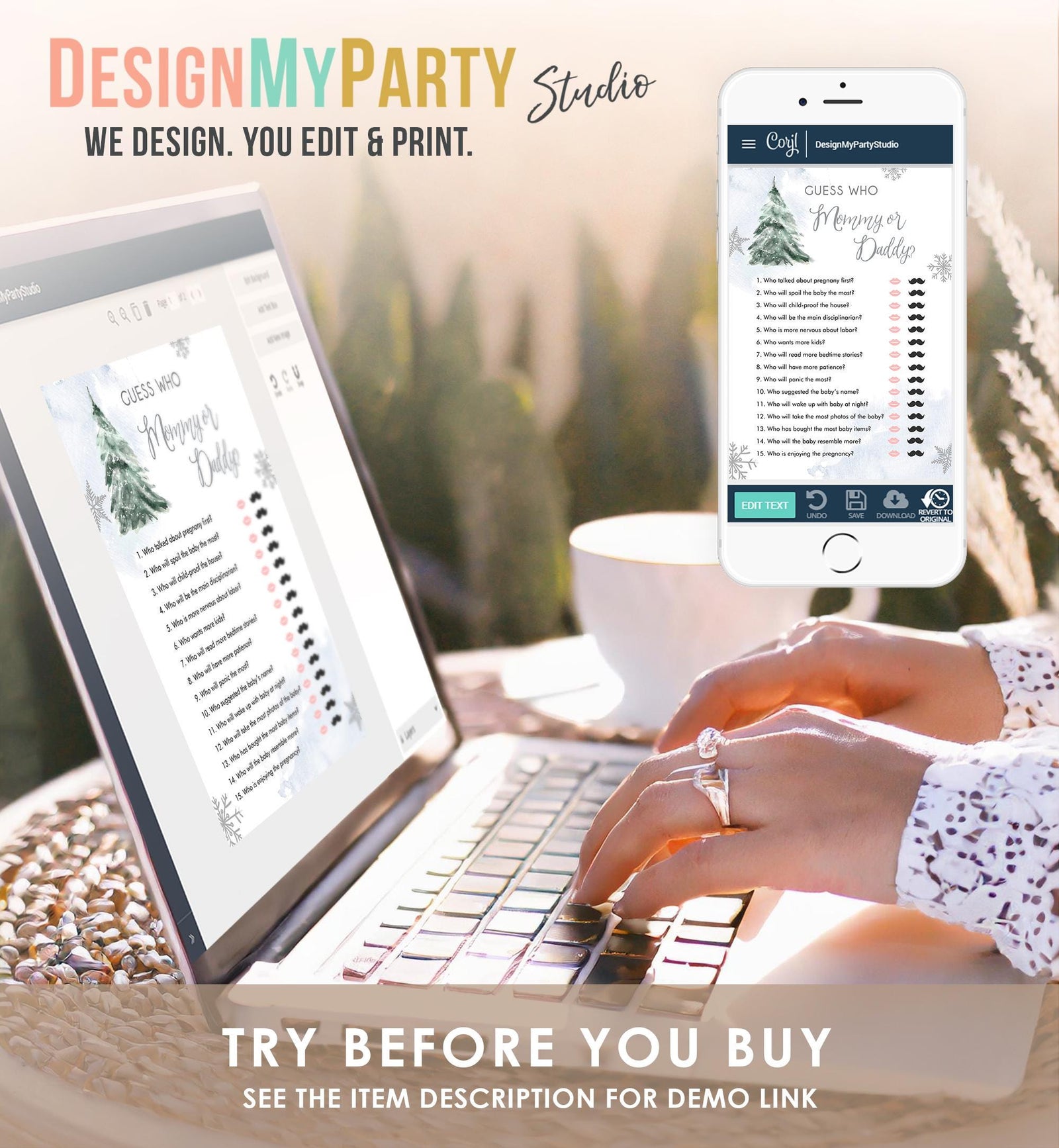 Editable Guess Who Mommy or Daddy Baby Shower Game Winter Baby Shower Cold Outside Girl Blue Tree Watercolor Digital Template Printable 0363