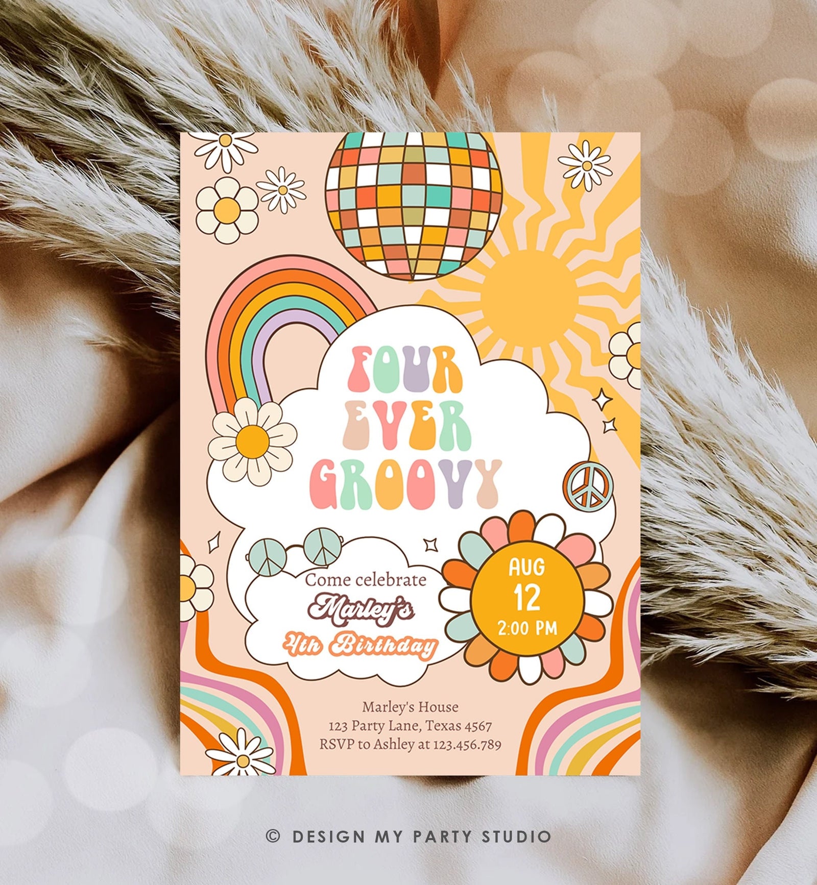 Editable Four ever Groovy Birthday Invitation 4th Birthday Retro Rainbow Peace Love Party Four Digital Download Template Printable 0459