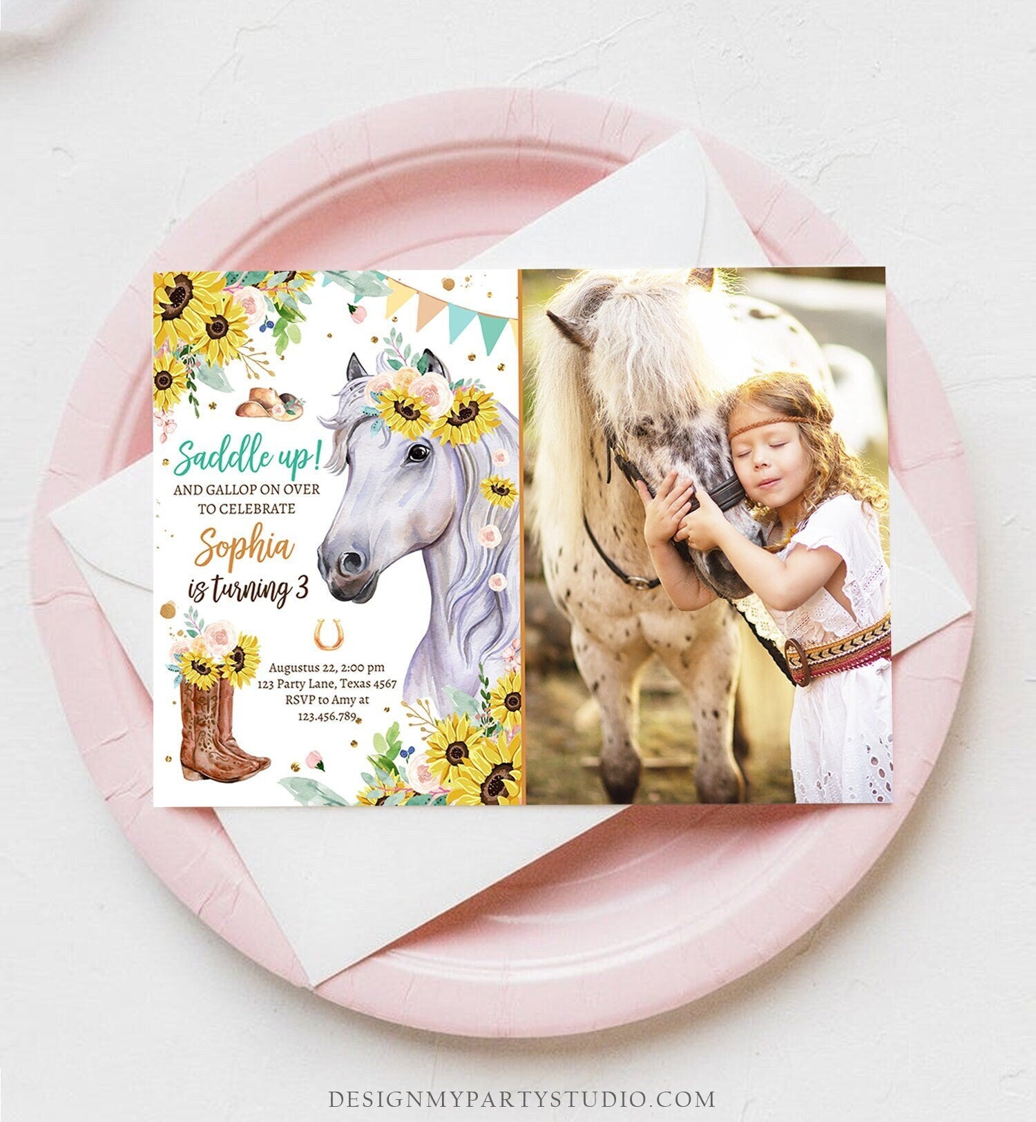 Editable Cowgirl Birthday Invitation Girl Saddle Up Watercolor Horse Party Horse Birthday Sunflowers Digital Evite Template Printable 0408