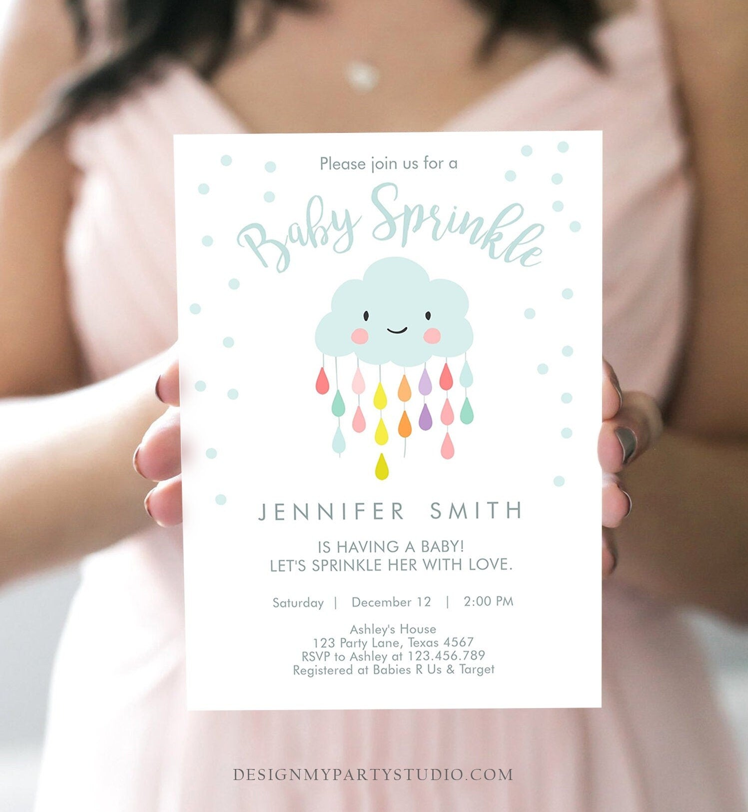 Editable Cloud Baby Sprinkle Invitation Raindrop Sprinkle with Love Rain Drops Neutral Digital Download Evite Template Printable 0036