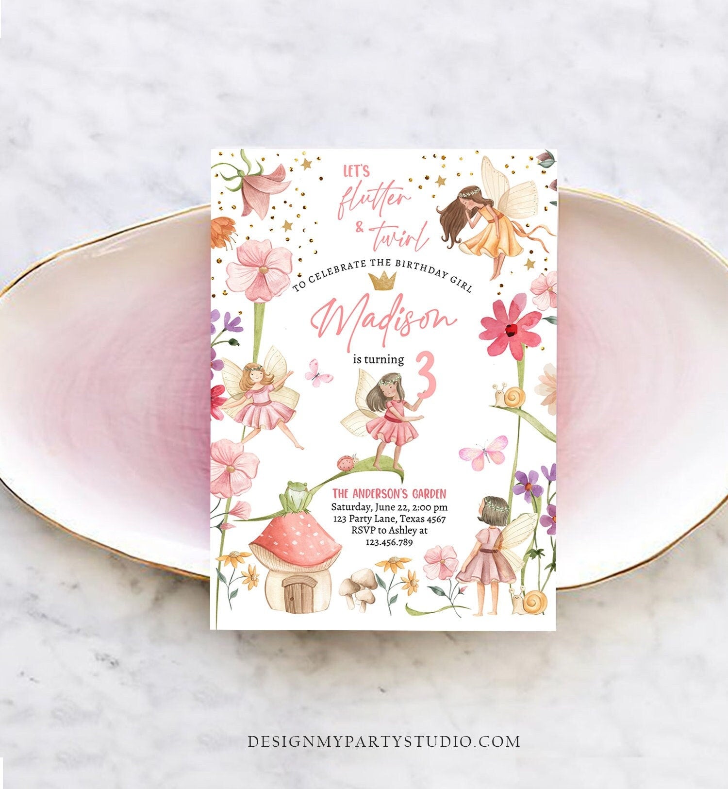 Editable Fairy Princess Birthday Invitation Girl Pink Floral Fairy Party Whimsical Garden Digital Download Evite Template Printable 0406