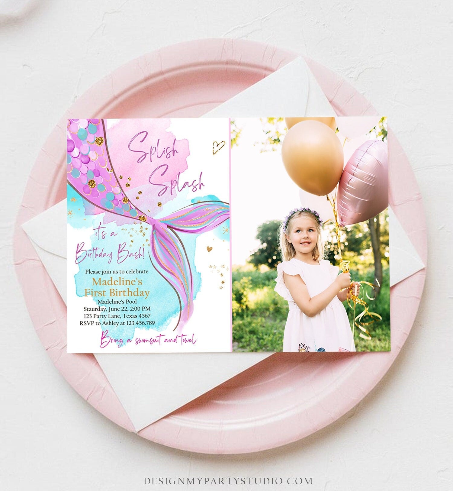 Editable Mermaid Birthday Party Invitation Girl Pink Purple Gold Mermaid Birthday Under The Sea Digital Download Template Printable 0403
