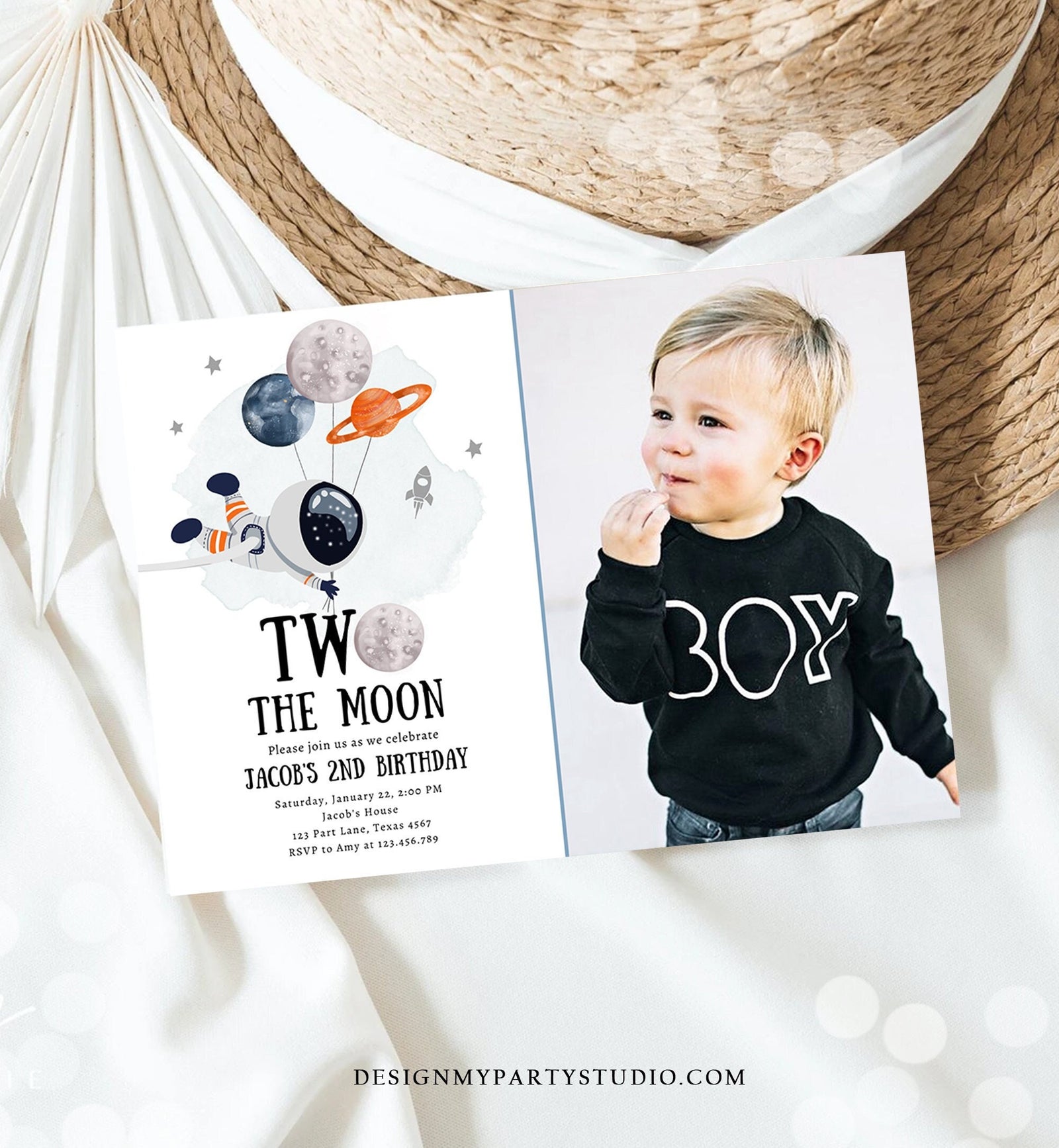 Editable Two the Moon Outer Space Birthday Invitation Out of this World Astronaut Blue Orange Boy Second 2nd Digital Template Printable 0366
