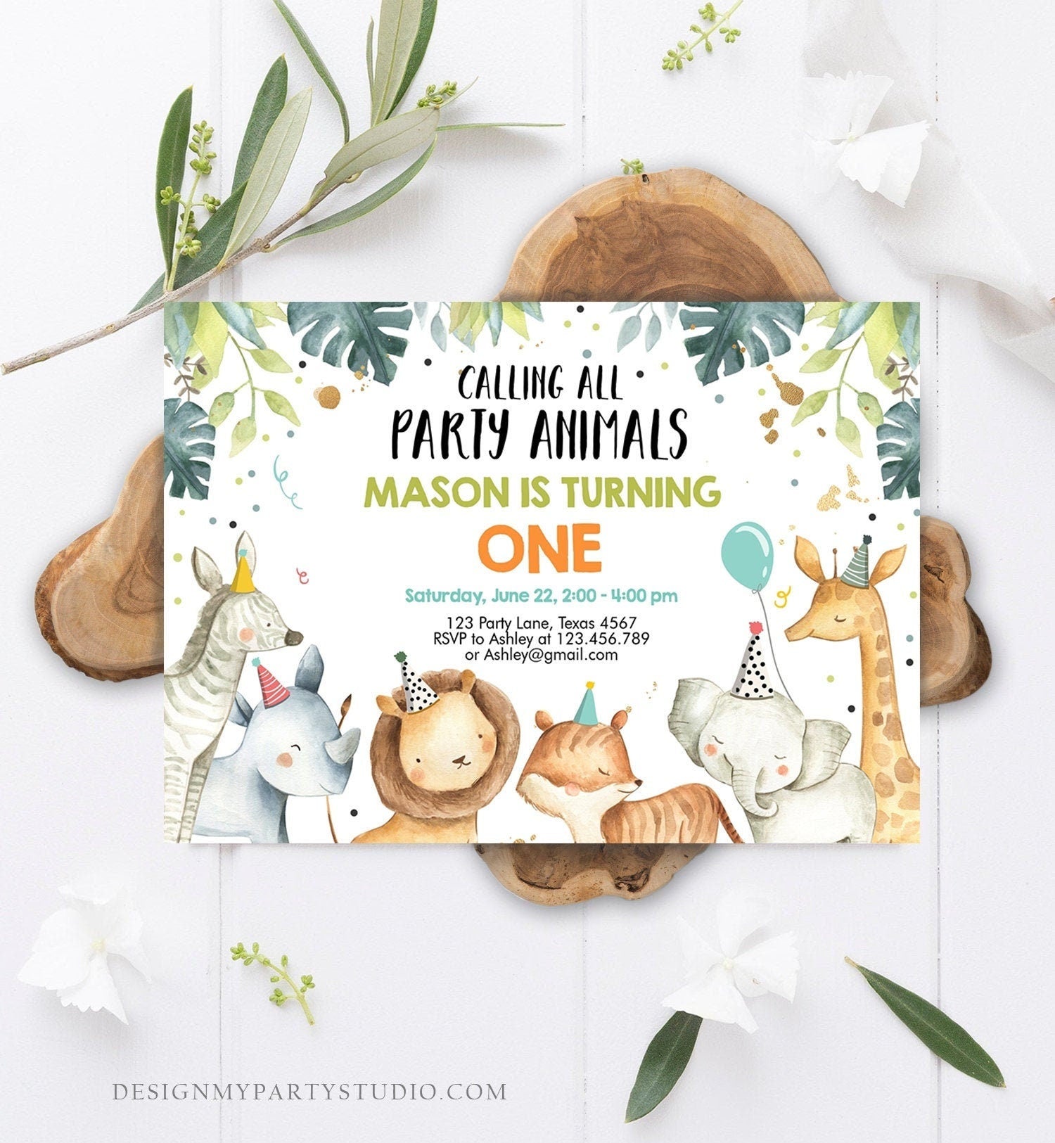 Editable Party Animals Birthday Invitation Wild One Animals Invitation Zoo Safari Animals Boy Digital Download Evite Template Printable 0163