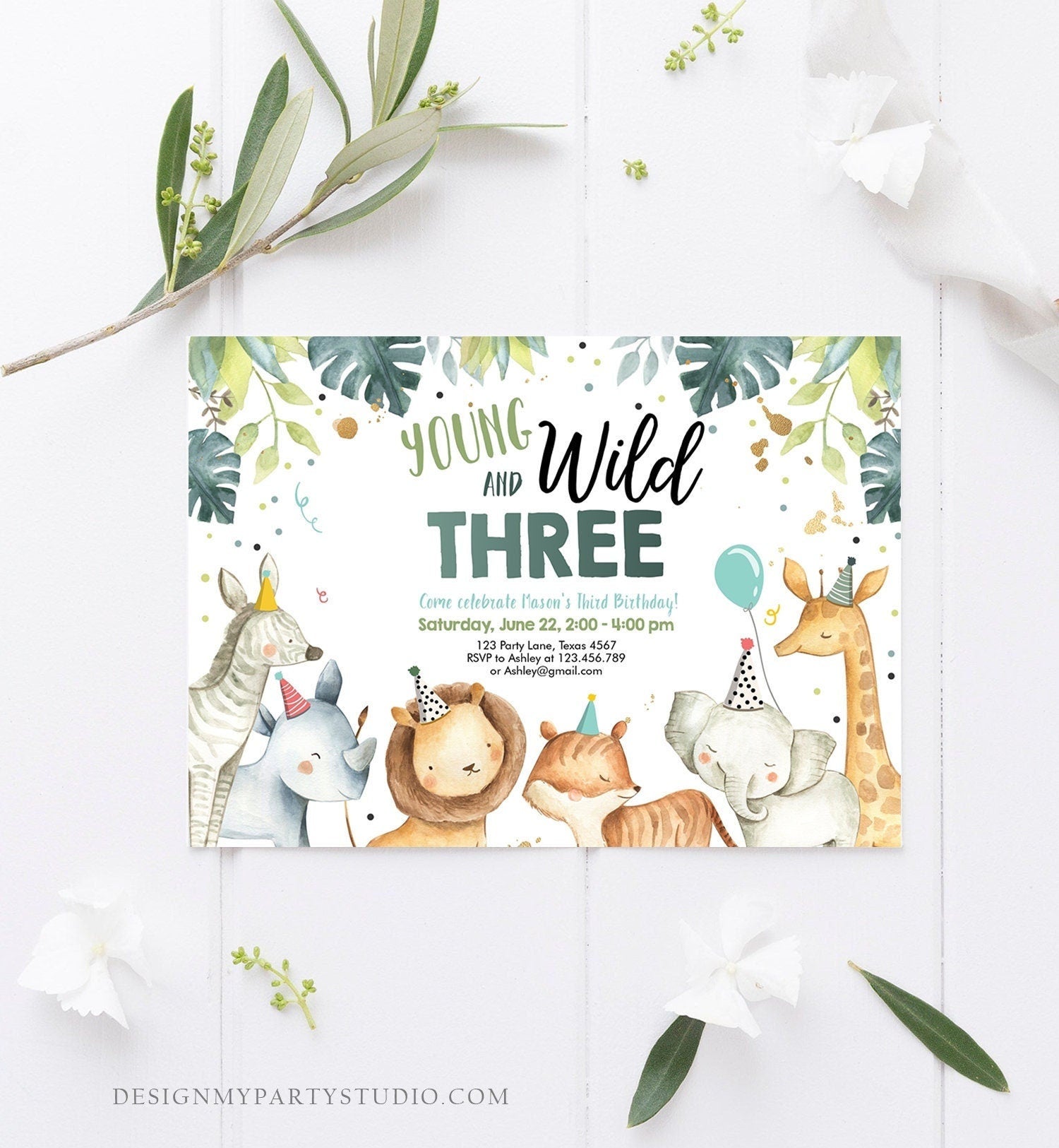 Editable Young Wild and Three Invitation Boy Green Gold Watercolor Safari Animals Party Animals Digital Download Template Printable 0163