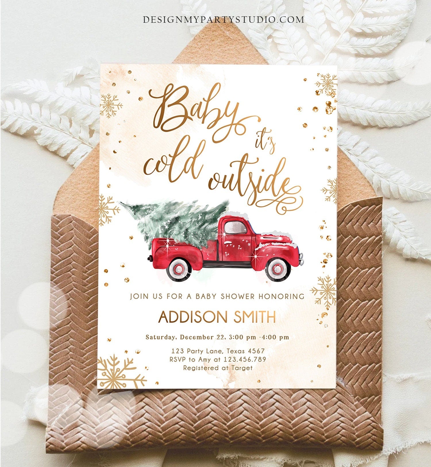 Editable Baby Its Cold Outside Baby Shower Invitation Winter Truck Red Gender Neutral Baby Shower Gold Tree Download Template Printable 0495