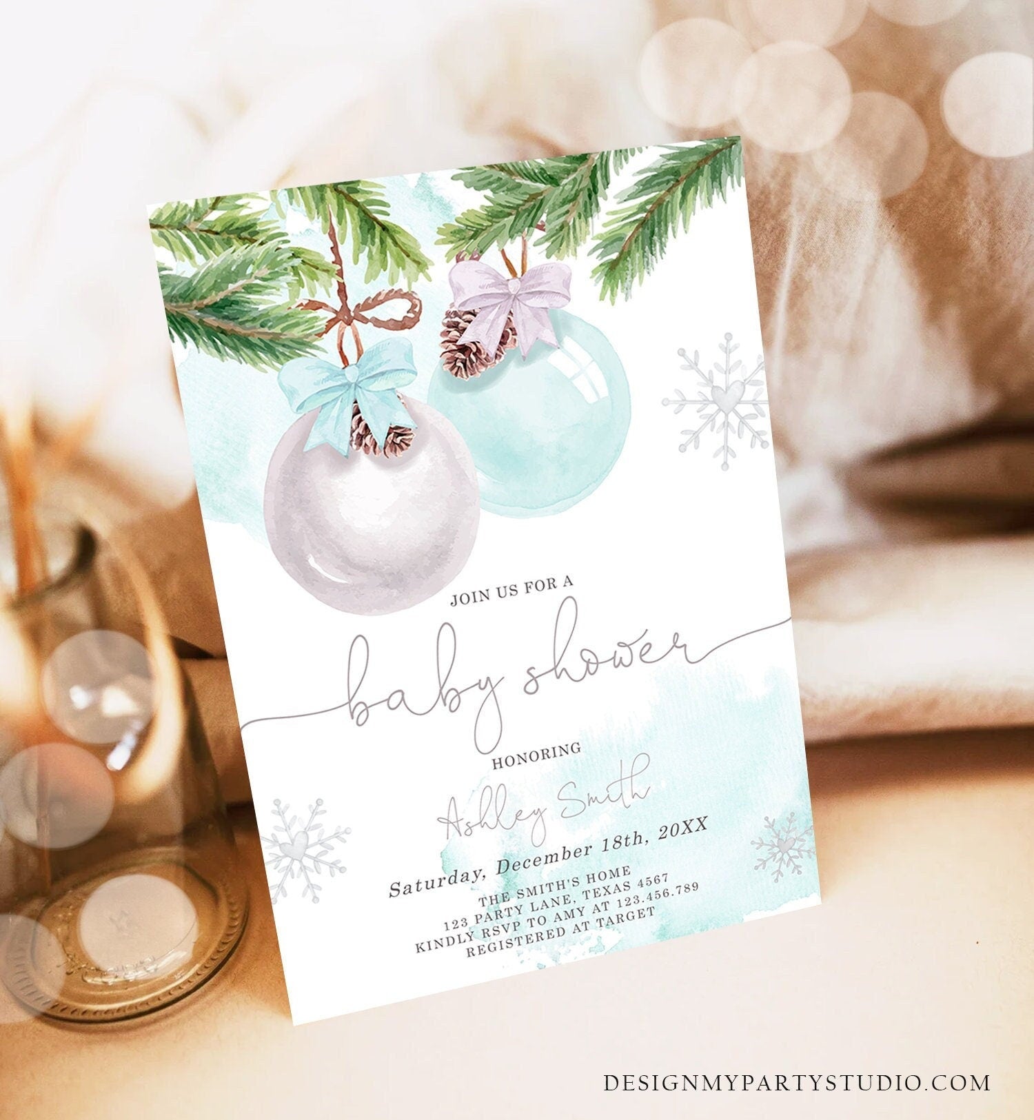 Editable Winter Baby Shower Invitation Baby It's Cold Outside Christmas Baby Shower Boy Blue Watercolor Digital Template Printable 0490