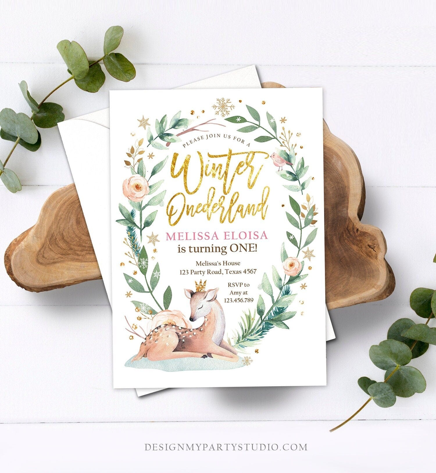 Editable Winter ONEderland Birthday Invitation Deer First Birthday Snowflakes Girl Pink Gold Digital Download Evite Template Printable 0265