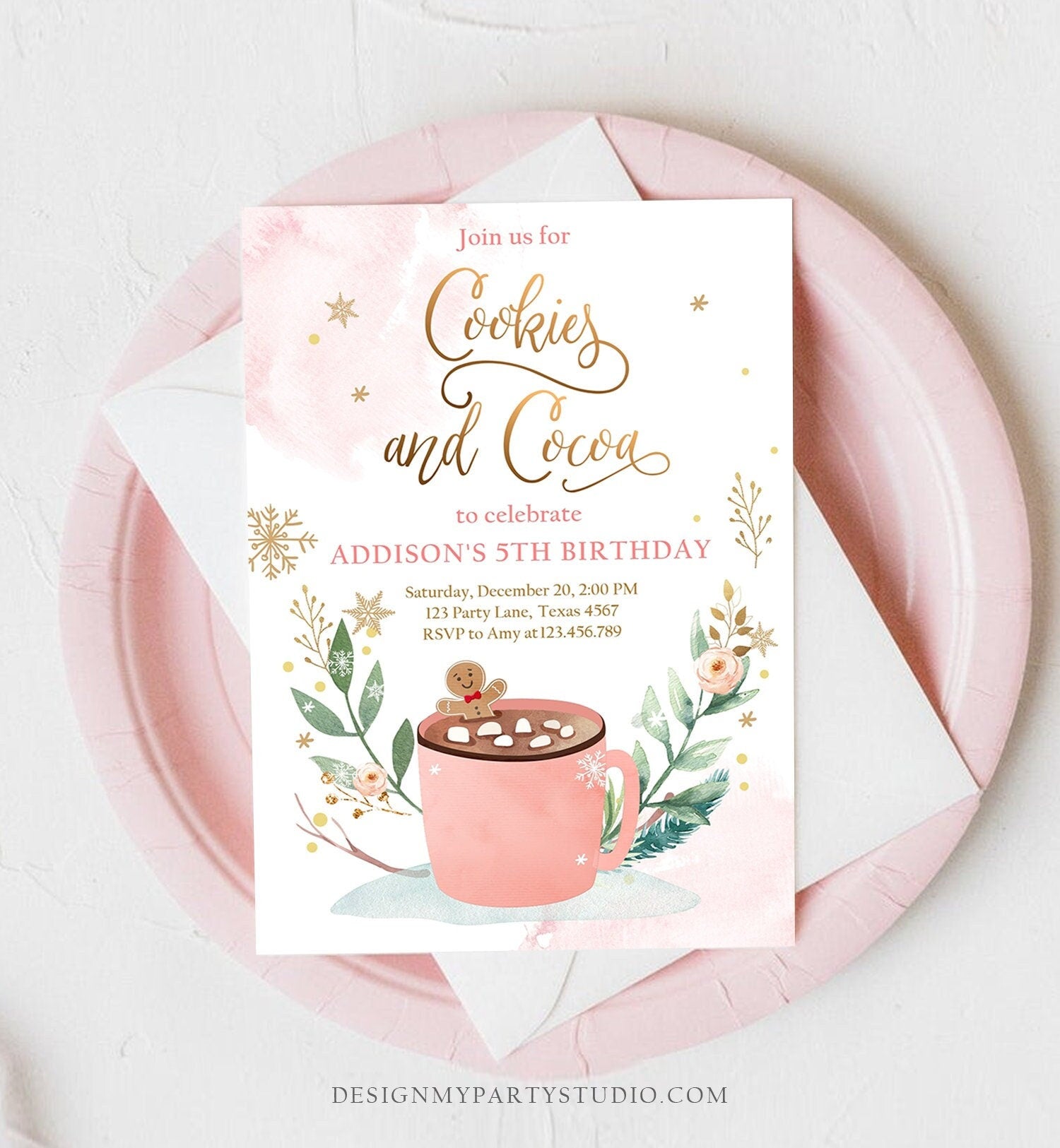 Editable Cookies and Cocoa Invitation Hot Cocoa Party Hot Chocolate Christmas Birthday Girl Pink Gold Digital Evite Template Printable 0353