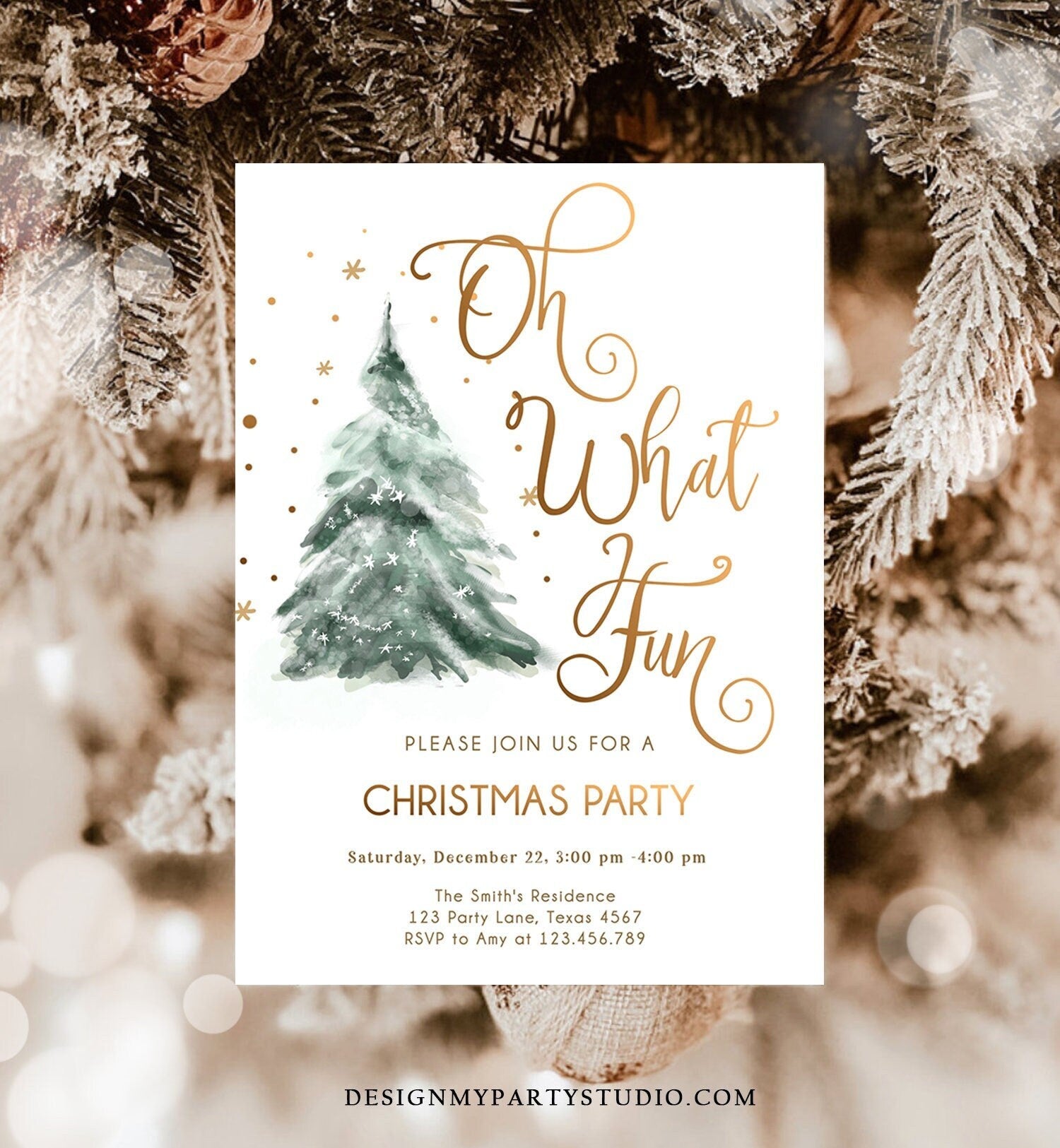 Editable Christmas Party Invitation Winter Tree Oh What Fun Holiday Party Birthday Evite Template Digital Download Printable 0363