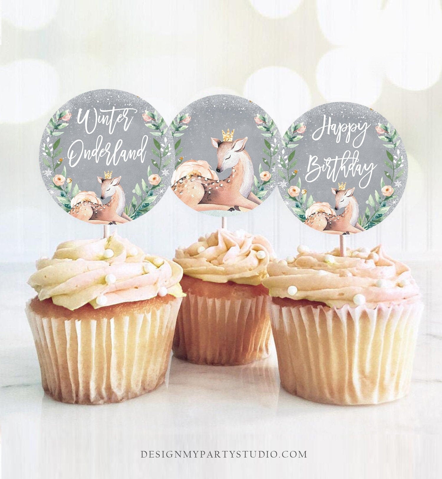 Winter Deer Cupcake Toppers Winter Onederland Birthday Party Decorations Oh What Fun Girl Pink Stickers Tags Digital Download Printable 0265