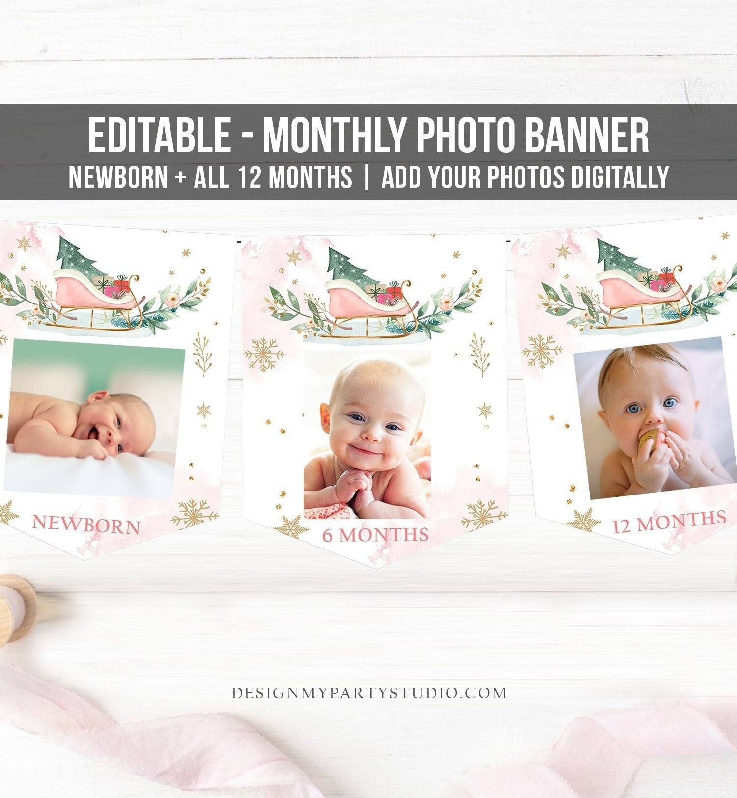 Editable Winter Onederland First Birthday Banner Monthly Photo Banner 1st Winter Birthday Sleigh Pink Girl Digital Template Printable 0353