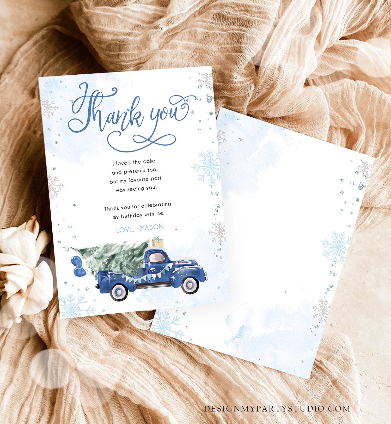 Editable Winter Truck Thank You Card Boy Birthday Winter Onederland Blue Truck Tree Christmas Snowflake Digital Template Printable 0495